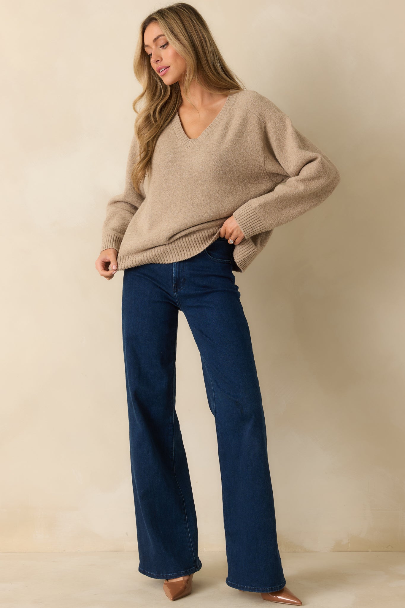 Z Supply Eloise Beige Knit V-Neck Sweater