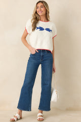 Reel Cute Ivory Multi Knit Short Sleeve Fish Sweater