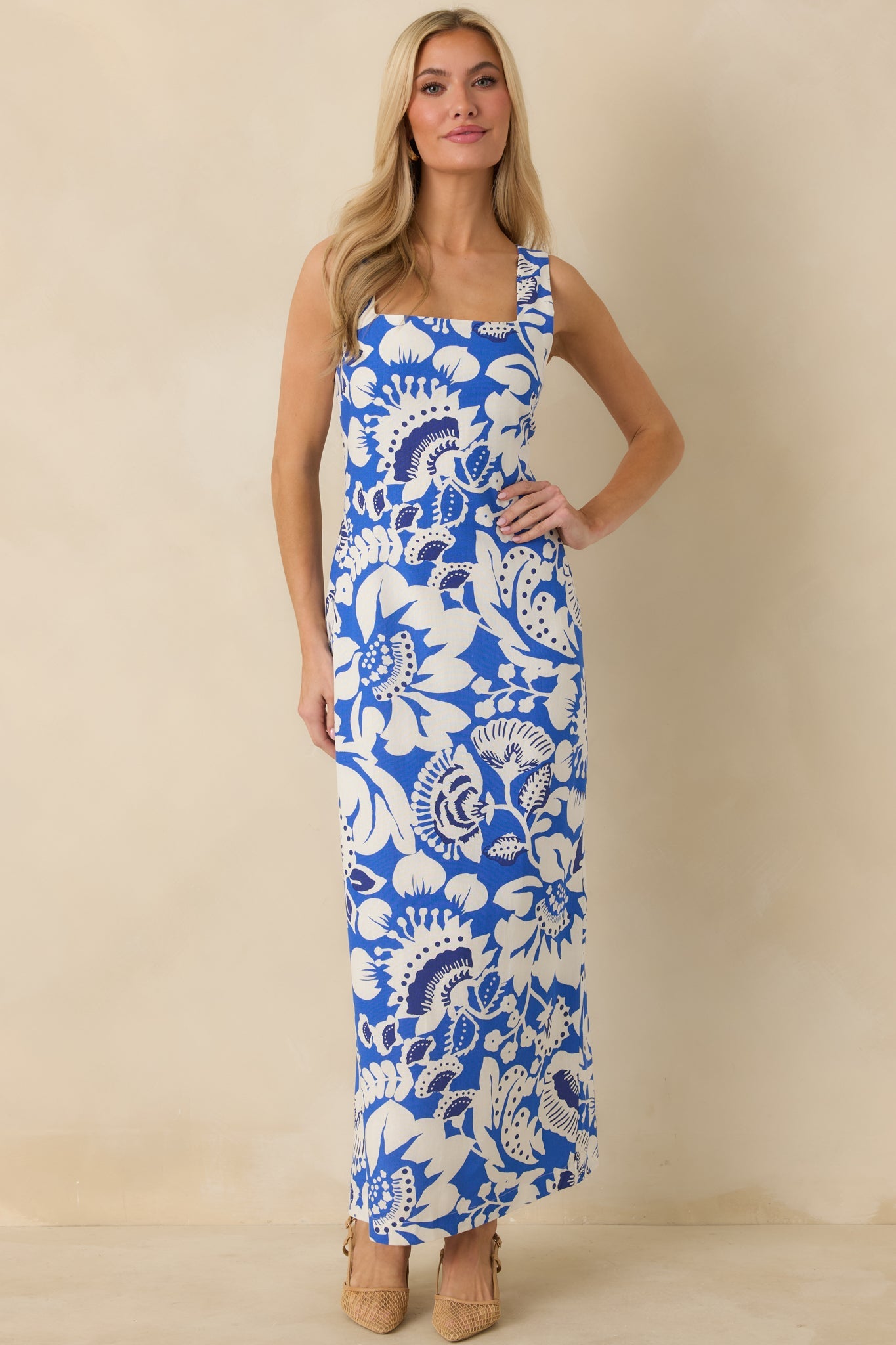 Along the Coast Blue & White Floral Pattern Linen Blend Sleeveless Maxi Dress