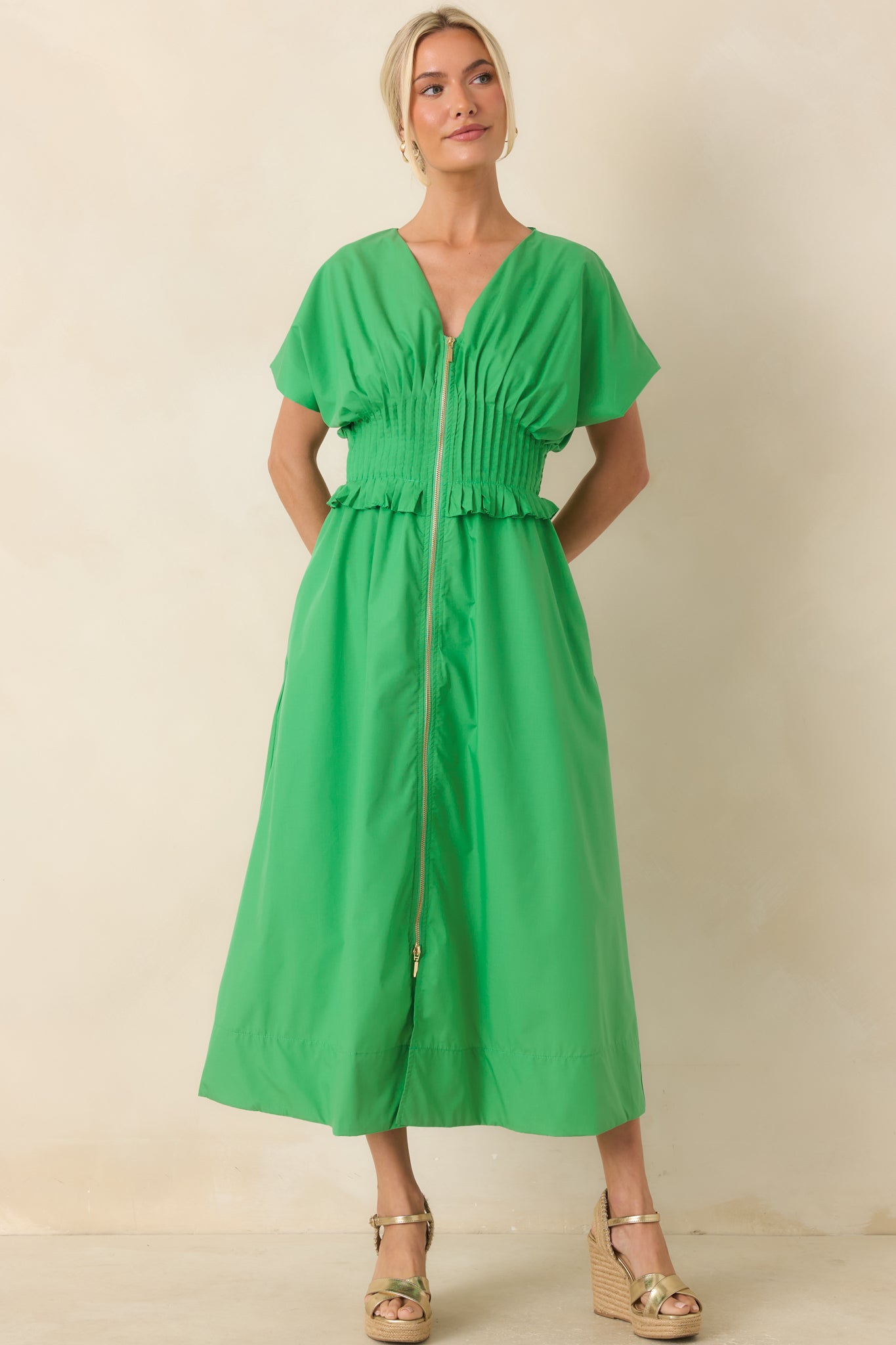 Let It Be Easy Kelly Green Smocked Waist Zip Maxi Dress