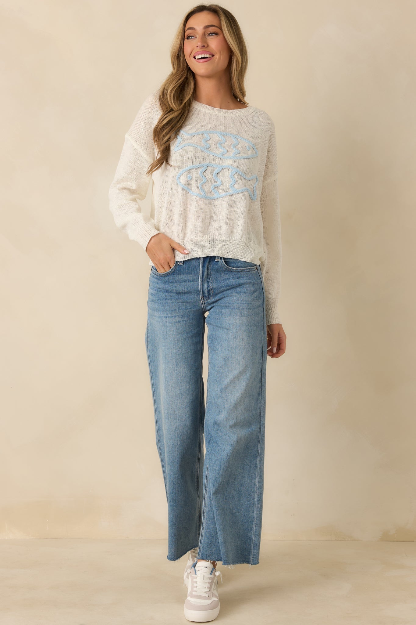 Just Swimmingly Ivory Knit Fish Embroidered Sweater