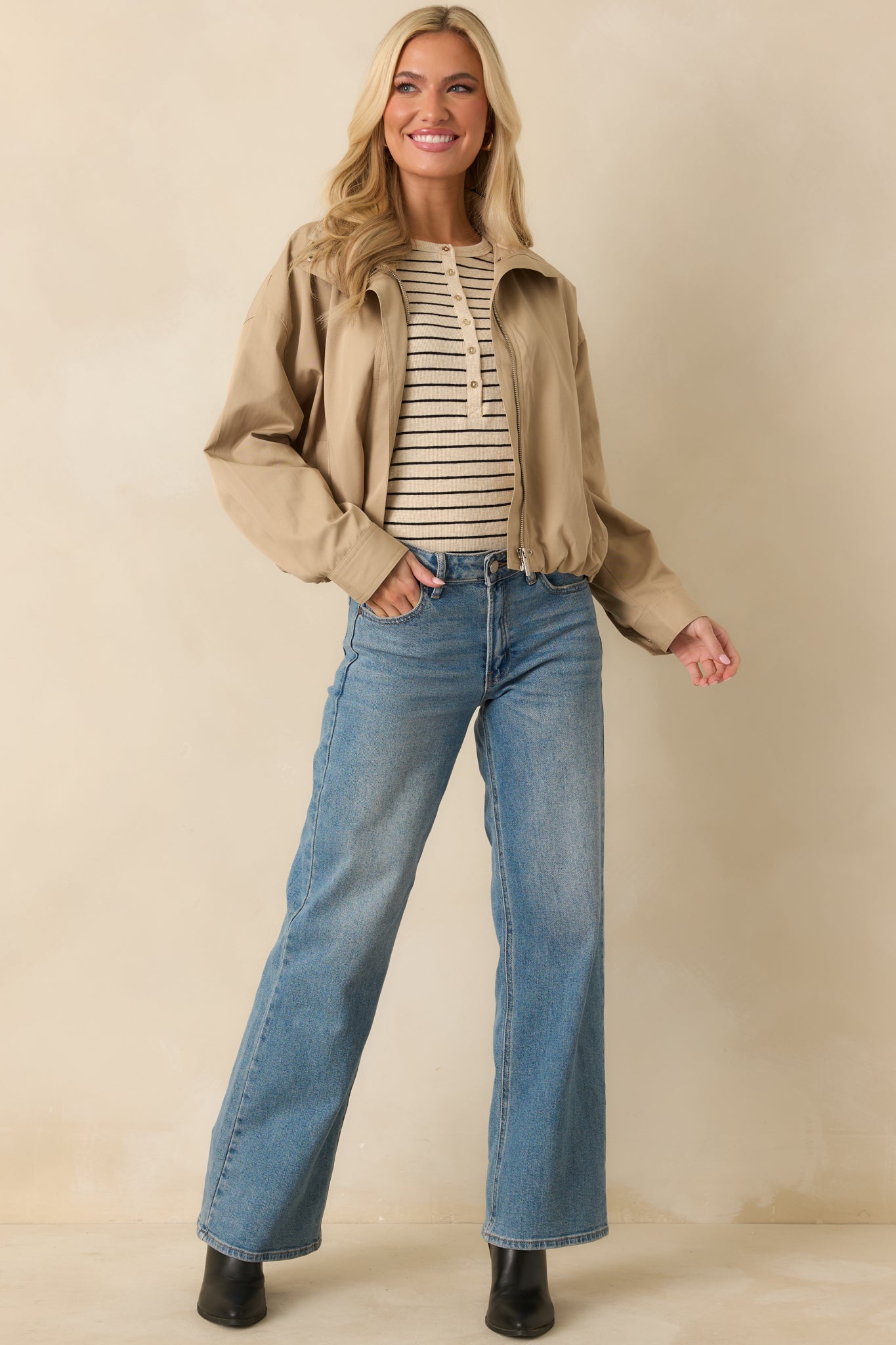 Smooth Finish Khaki Zip Up Bomber Jacket