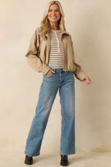 Smooth Finish Khaki Zip Up Bomber Jacket