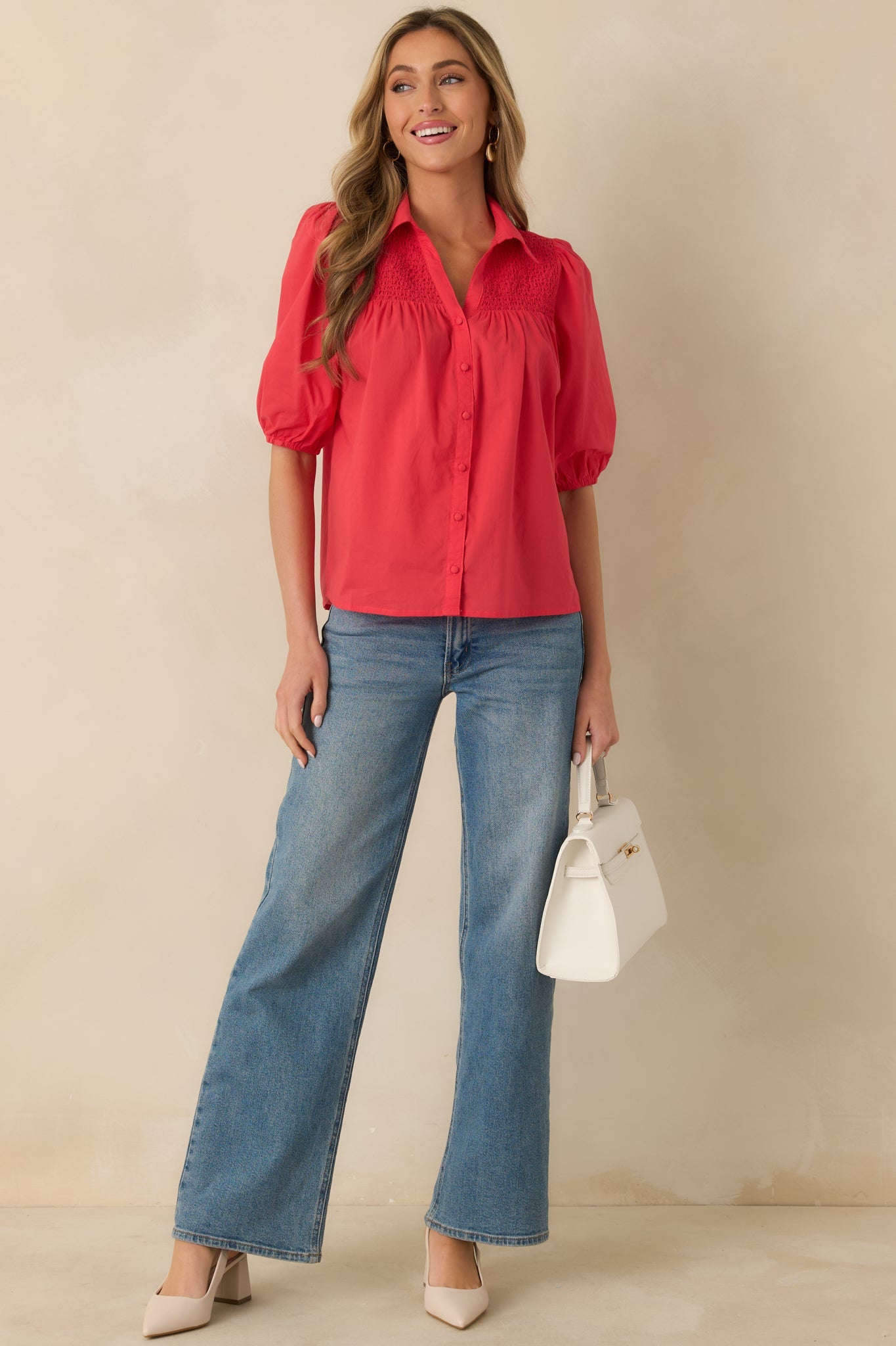 Precious As You Watermelon Red Cotton Puff Sleeve Smocked Button Up Blouse