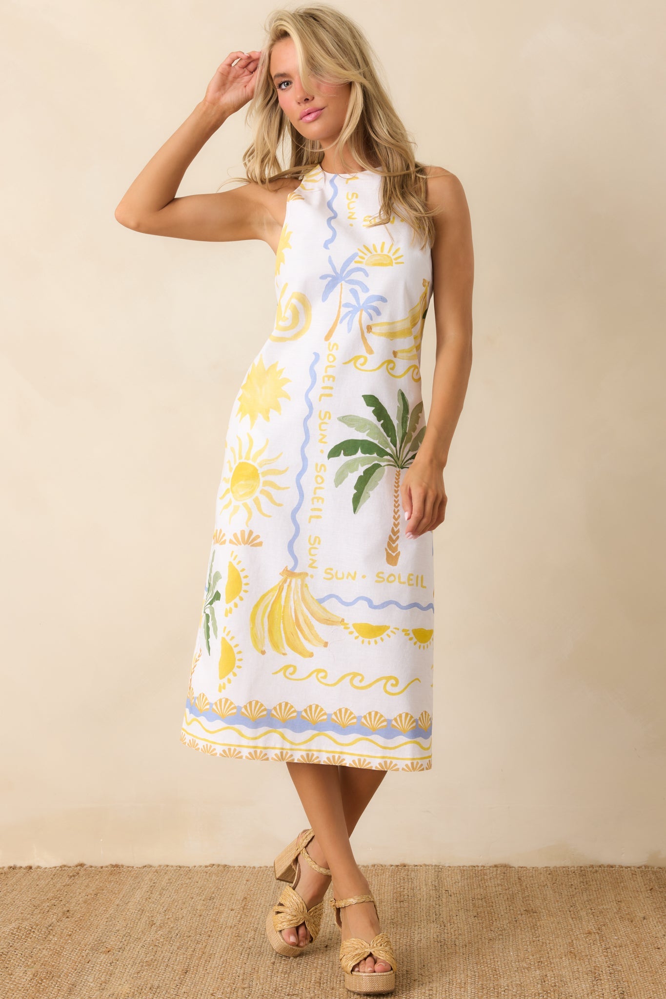 Paradisa Breakers White Multi Linen Blend Tropical Print Midi Dress