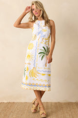 Paradisa Breakers White Multi Linen Blend Tropical Print Midi Dress