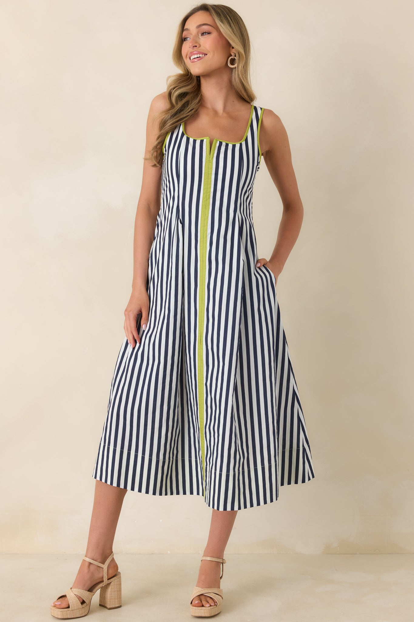 All Smiles Navy & Chartreuse Stripe Cotton Midi Dress