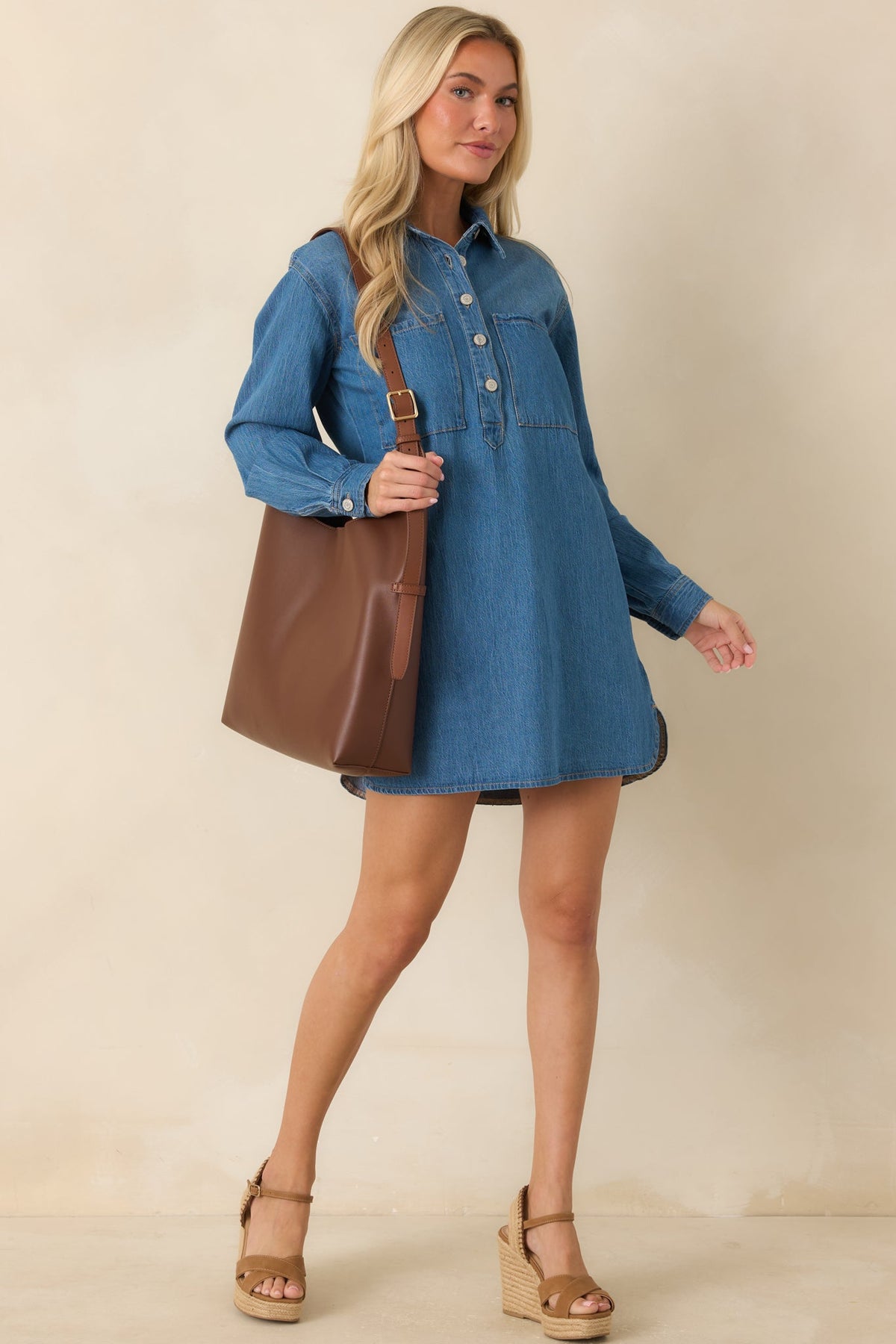 Z Supply Lucie Medium Wash Cotton Denim Mini Shirt Dress