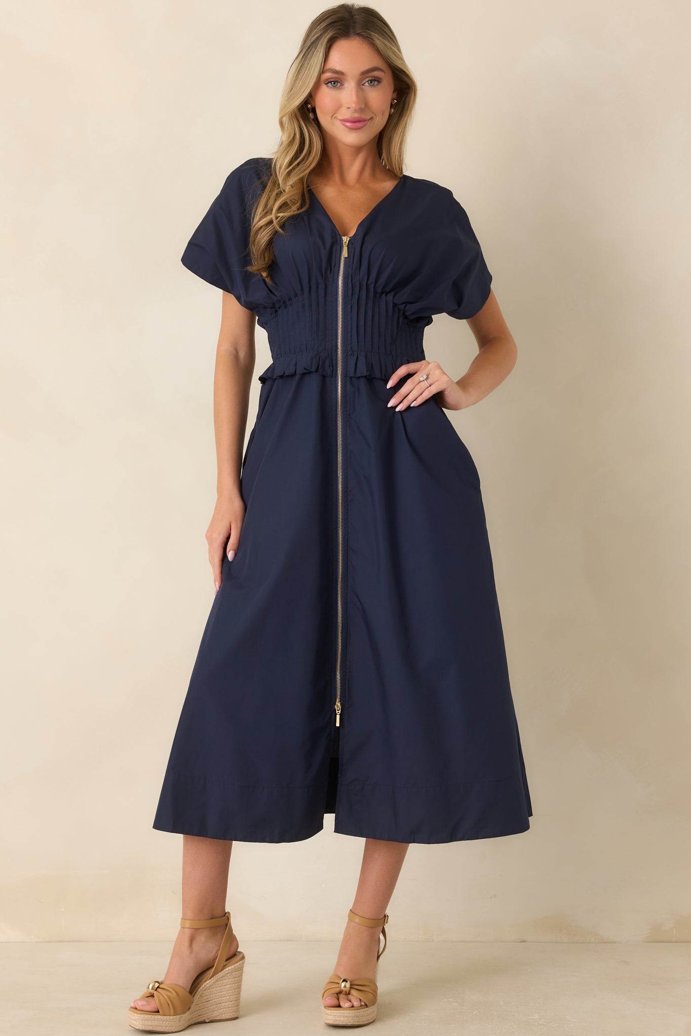 Let It Be Easy Navy Smocked Waist Zip Maxi Dress