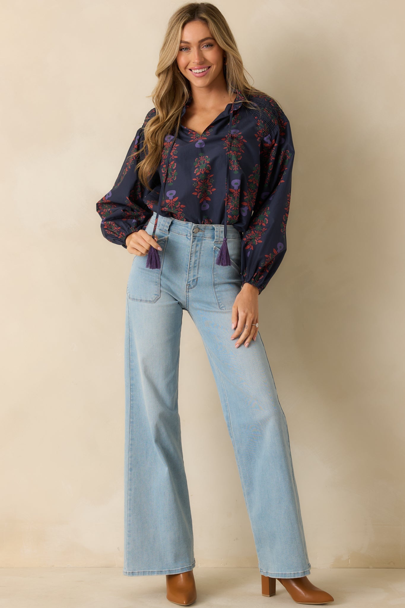 Starlit Garden Navy Multi Floral Print Cotton Peasant Top