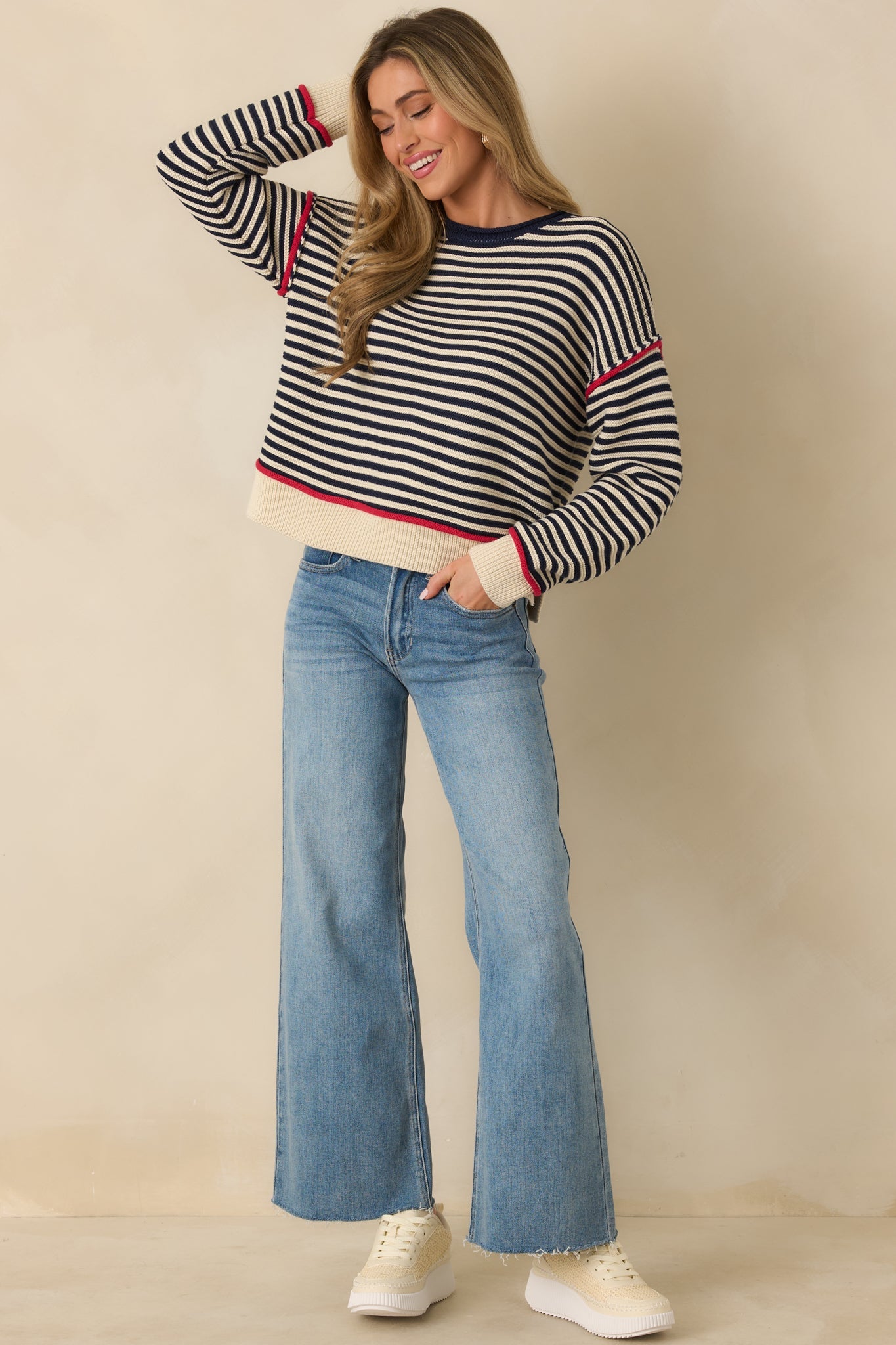 Sail With Me Navy Stripe Cotton Blend Crewneck Sweater