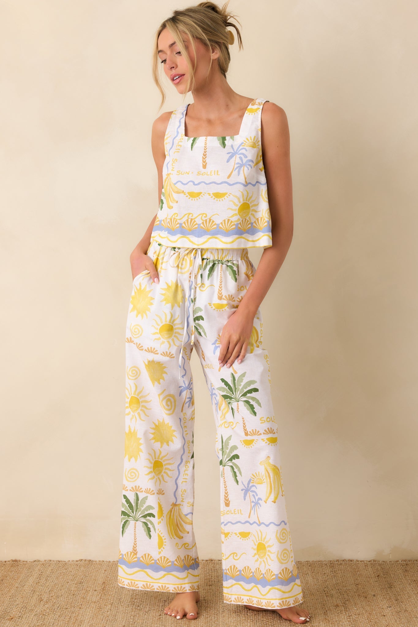 Paradisa Gulf Coast White Multi Linen Blend Tropical Print Pants