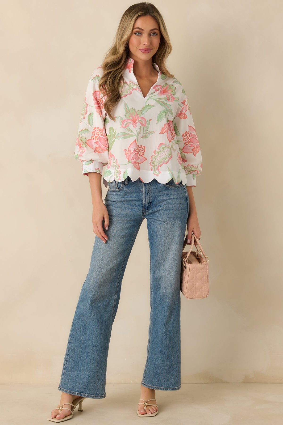 Petals in the Breeze Peach Multi Cotton Floral V-Neck Top