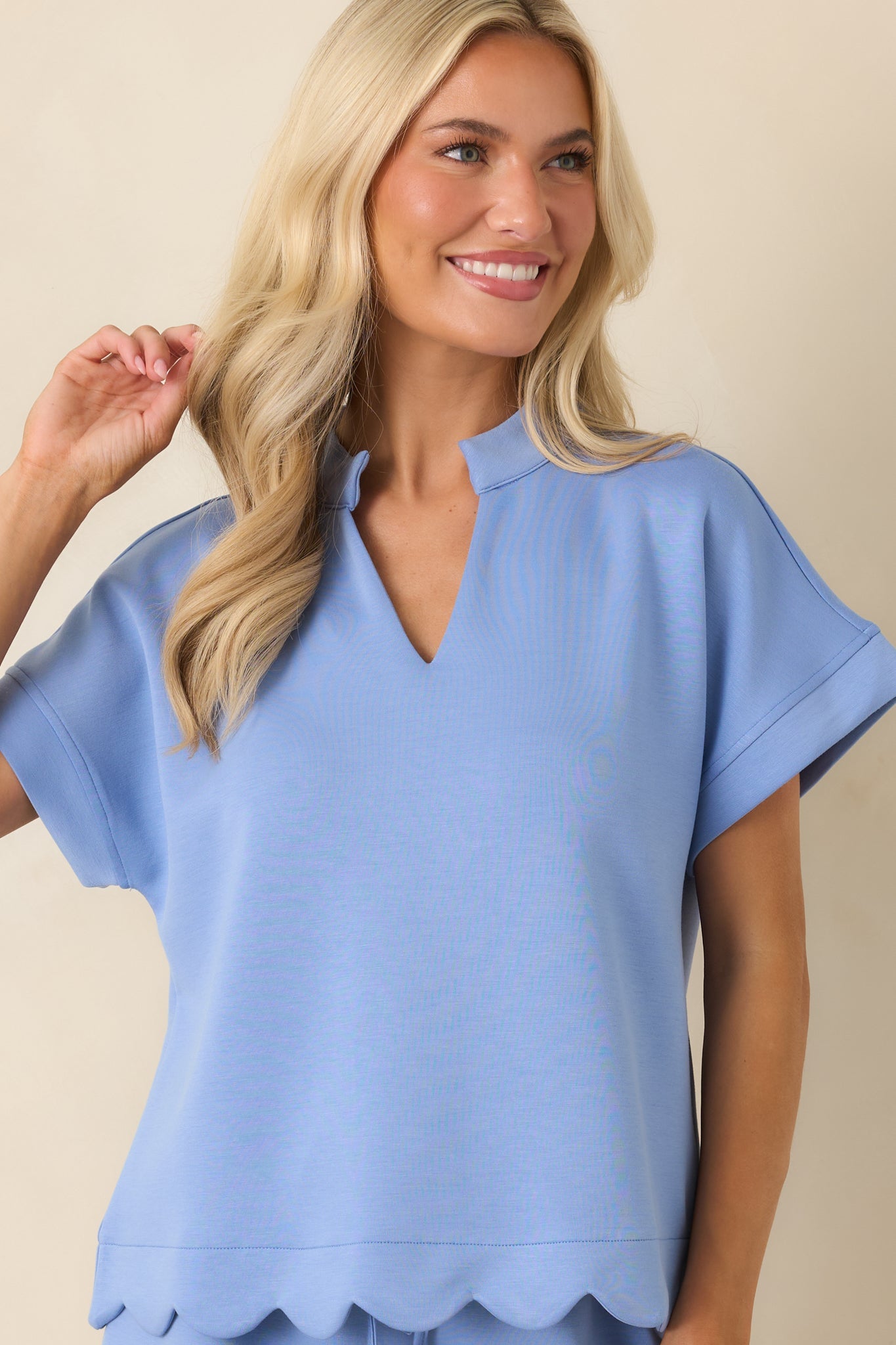 First Class Flirt Light Blue Scalloped Hem Top