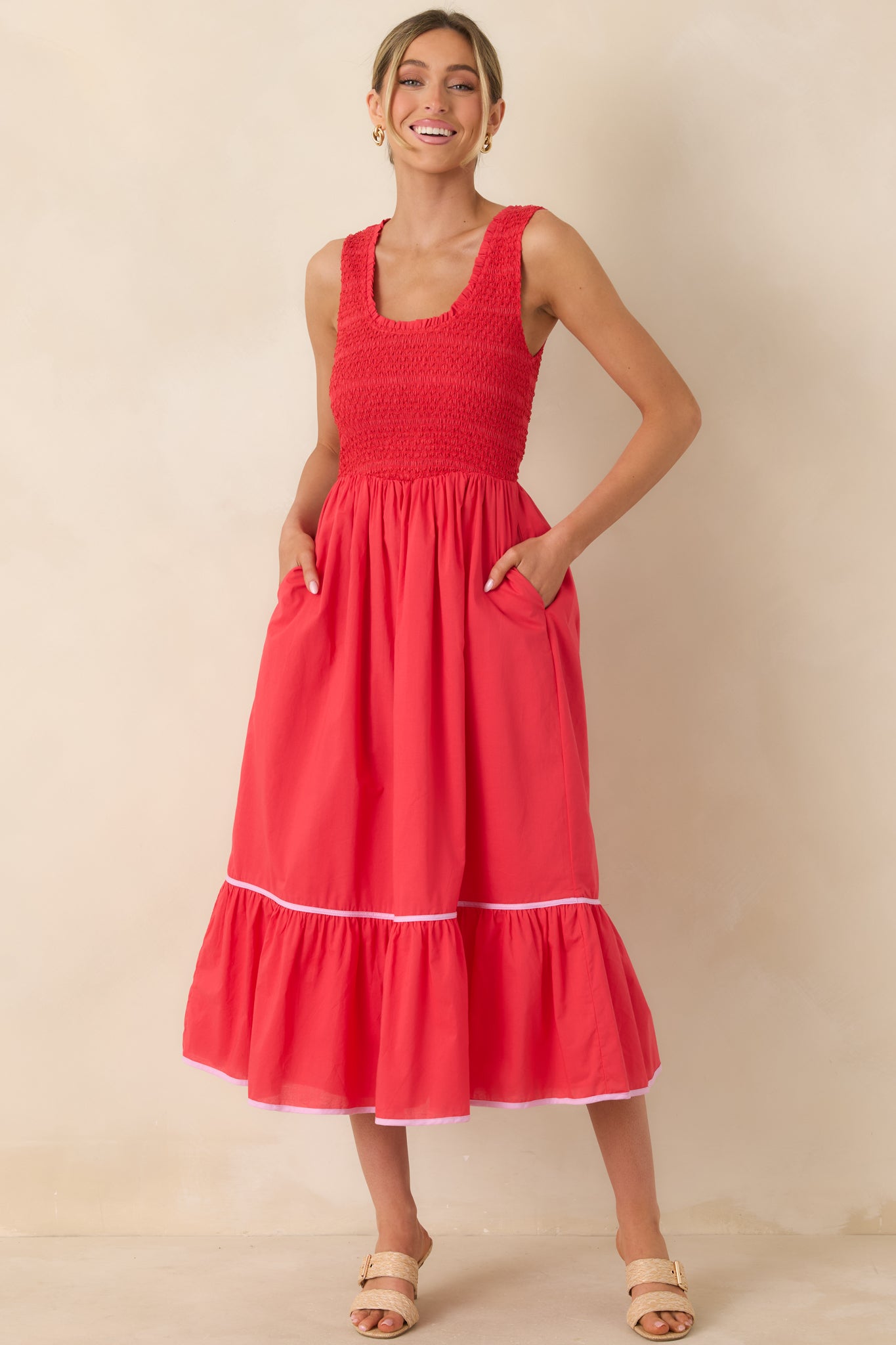Today's the Day Red Textured Cotton Tiered Midi Dress
