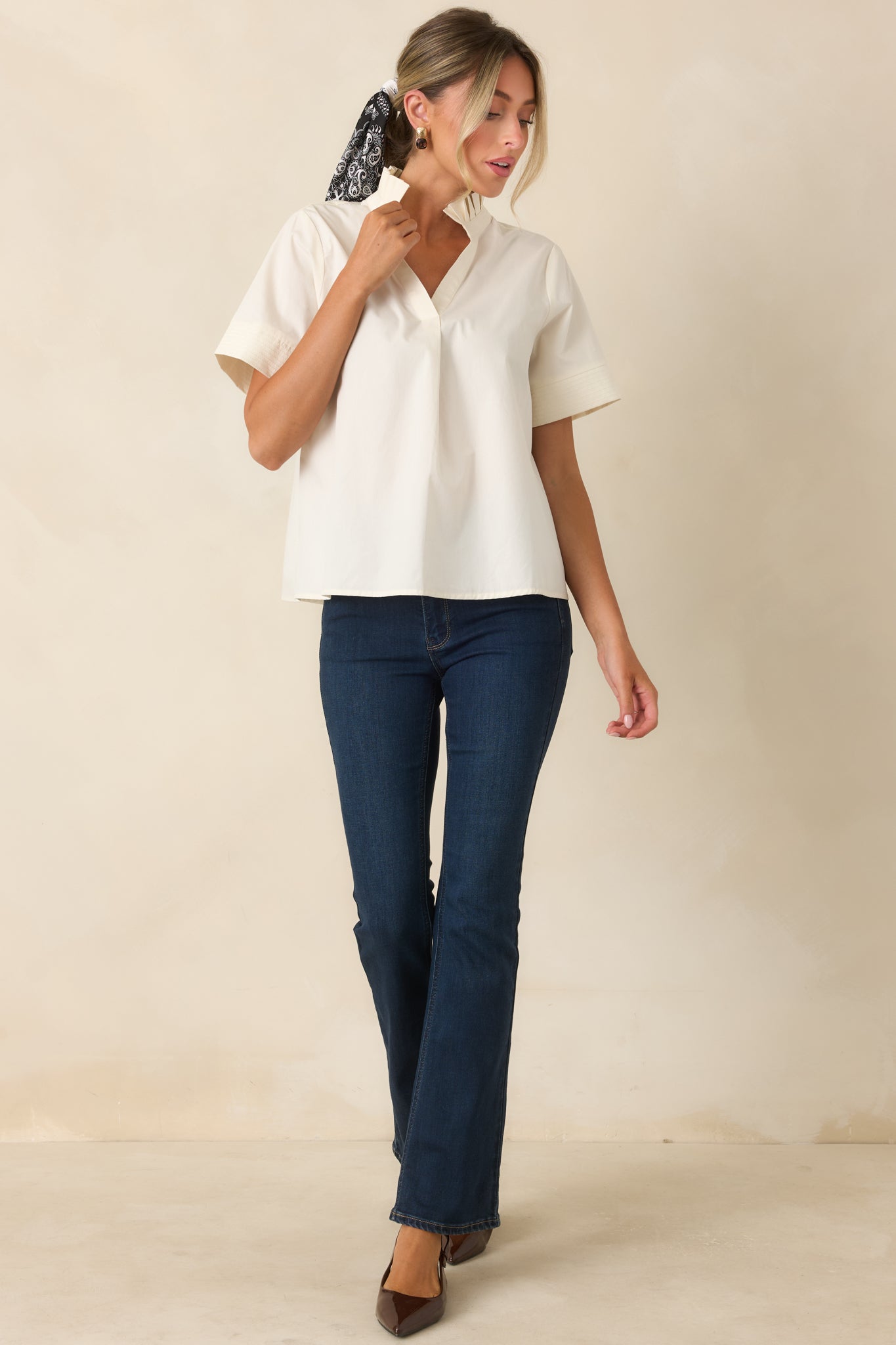 Nicely Done Ivory Cotton Ruffle Collar Blouse