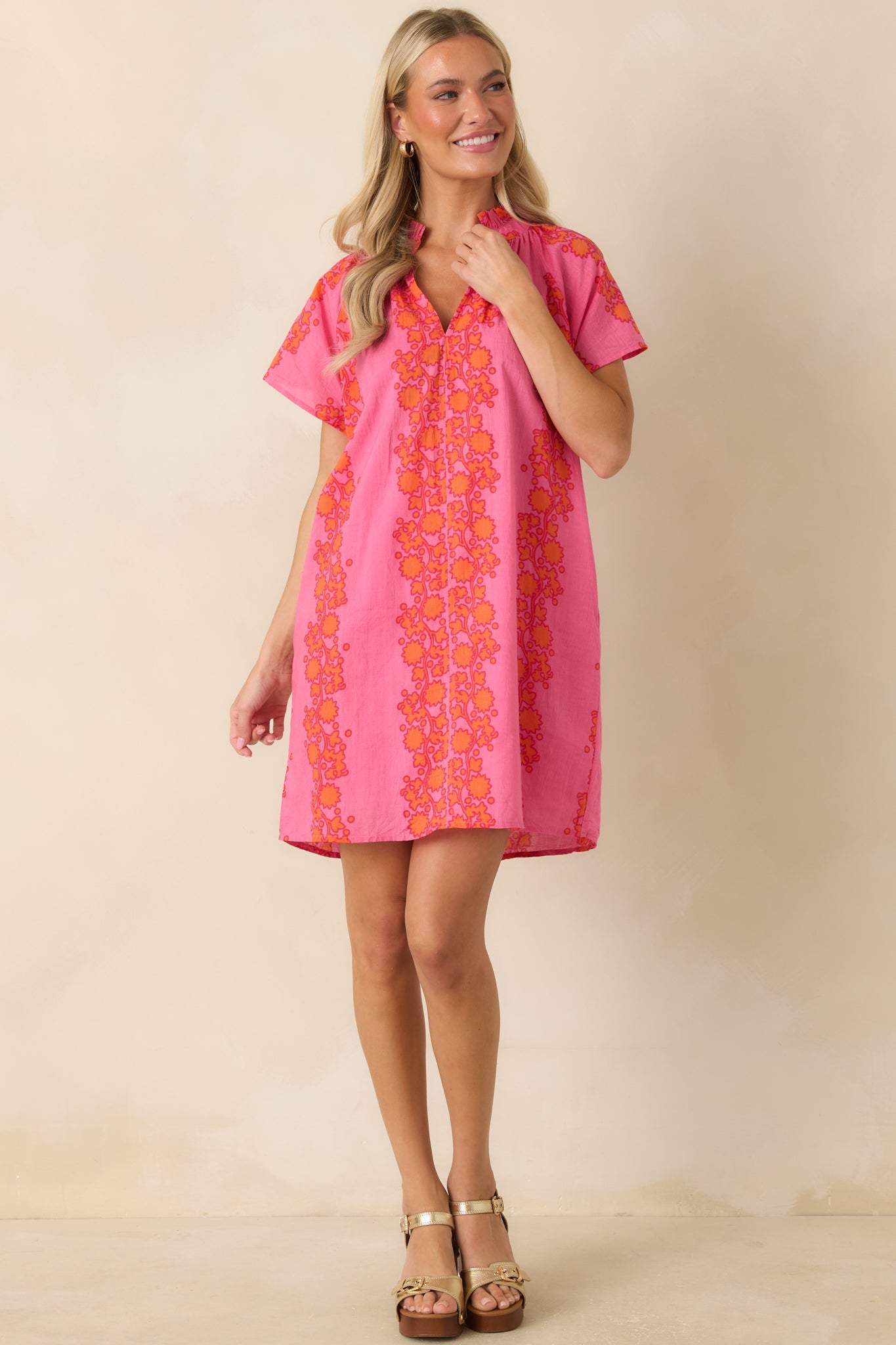 Palm Beach Bound Pink & Orange Cotton Floral Mini Dress