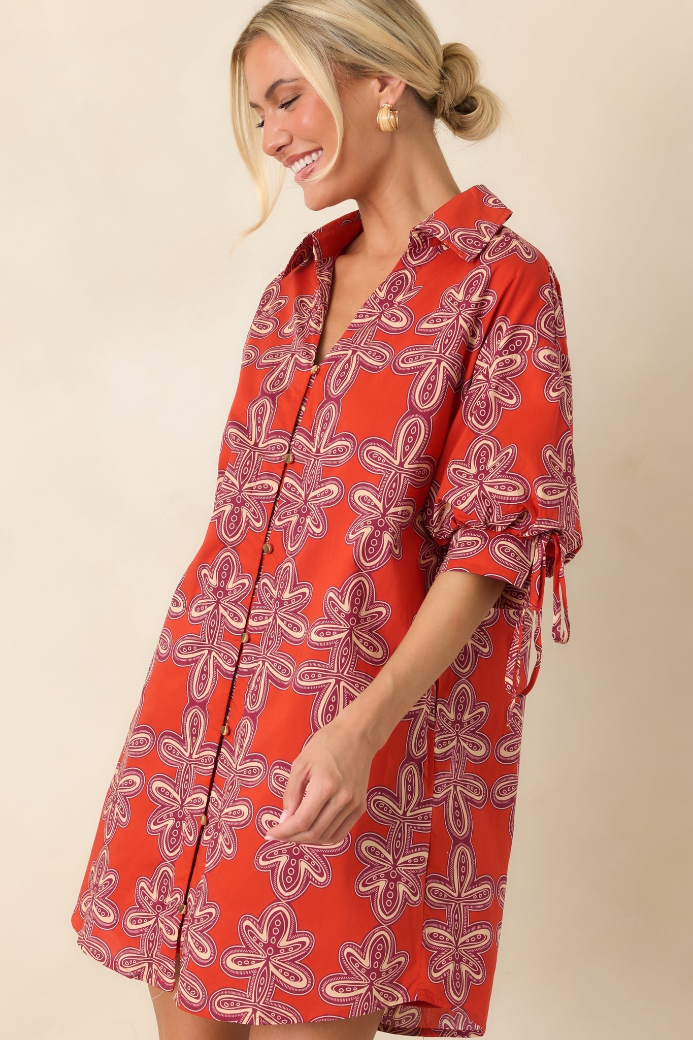 Missed Connections Brick Red & Burgundy Cotton Mini Shirt Dress