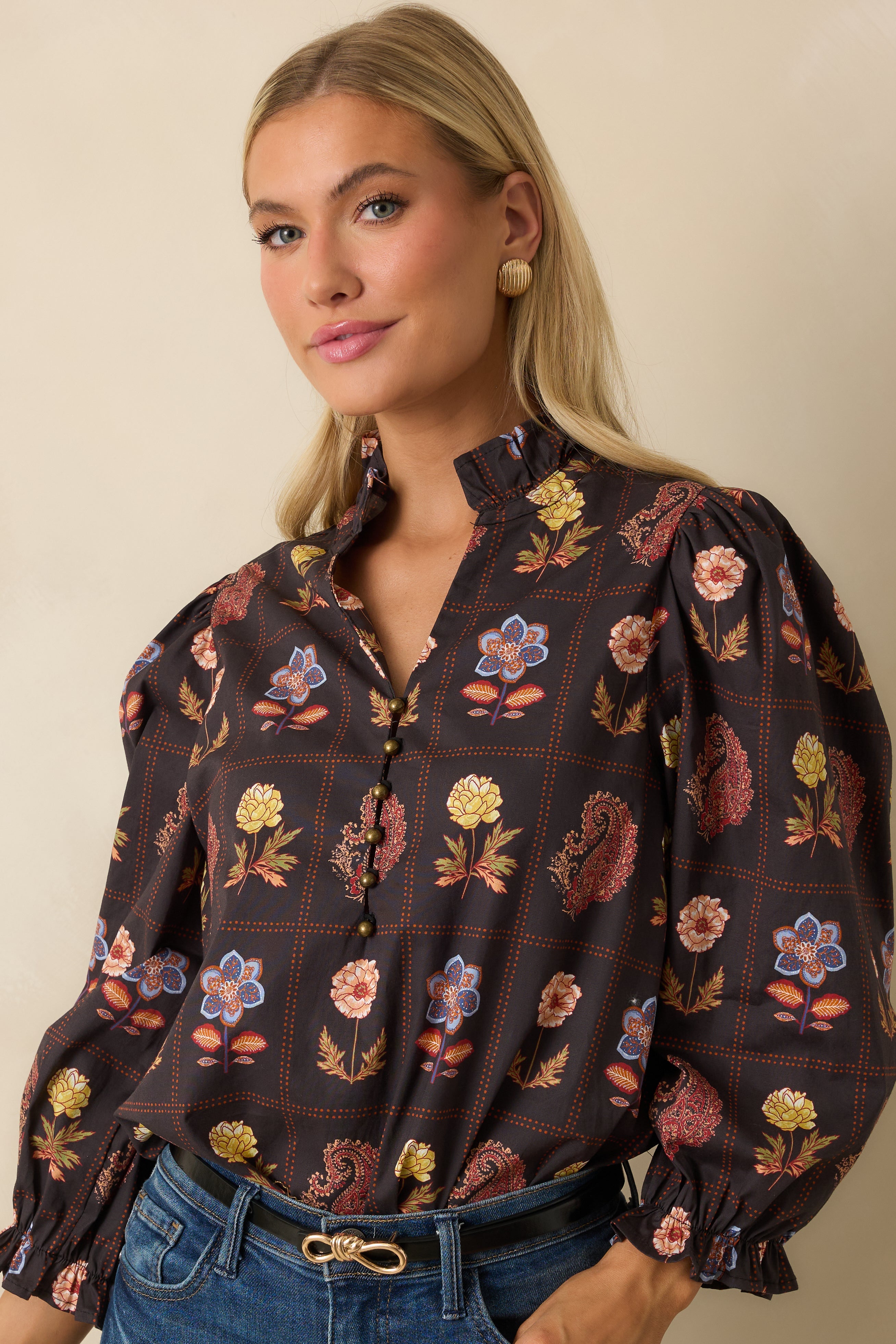 Everything's Blooming Black Multi Floral Cotton Puff Sleeve Blouse