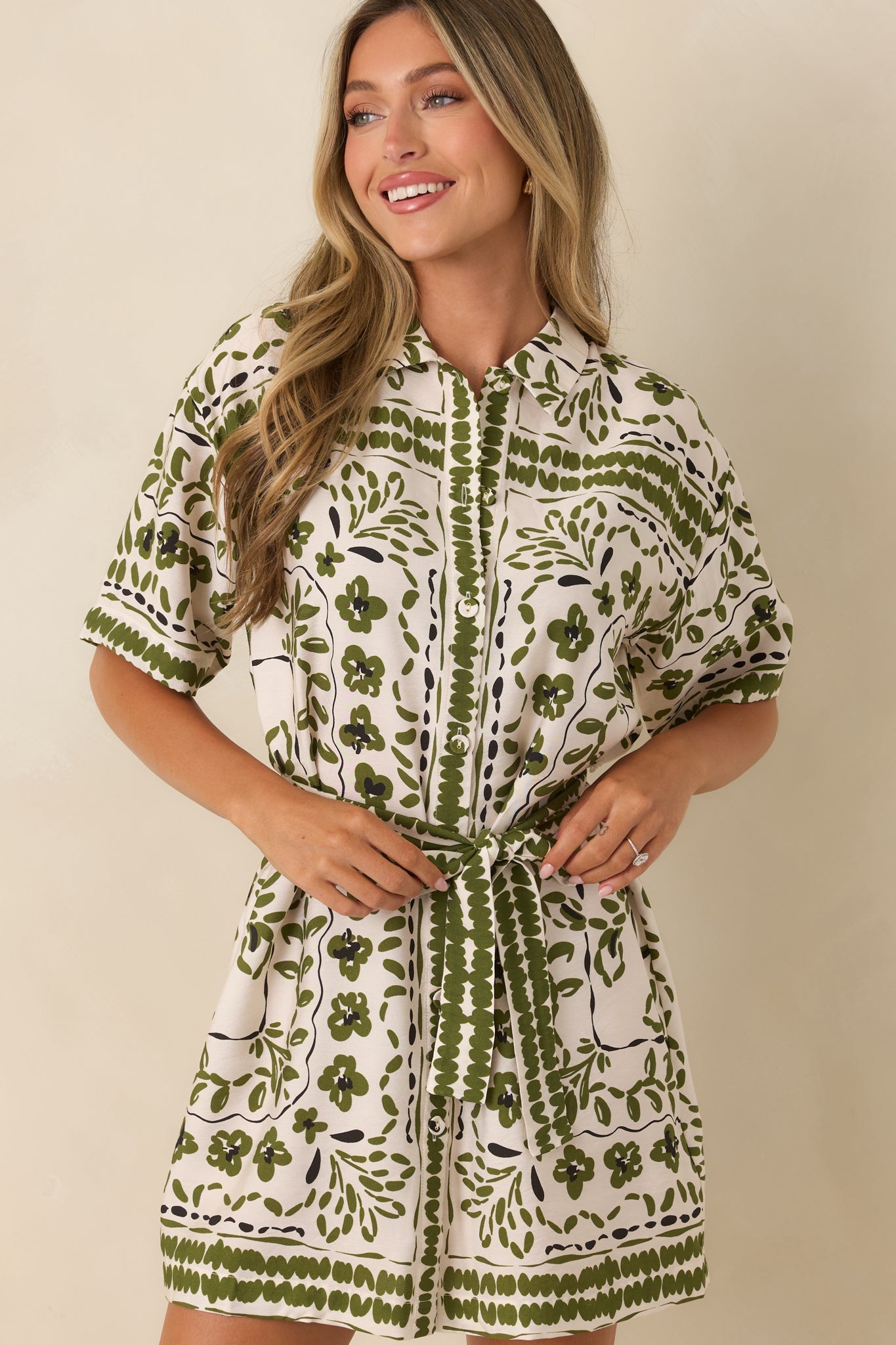 MINKPINK Remi Olive Paisley Mini Shirt Dress