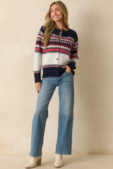 Fireside in Fair Isle White & Navy Multi Patterned Button Up Cardigan