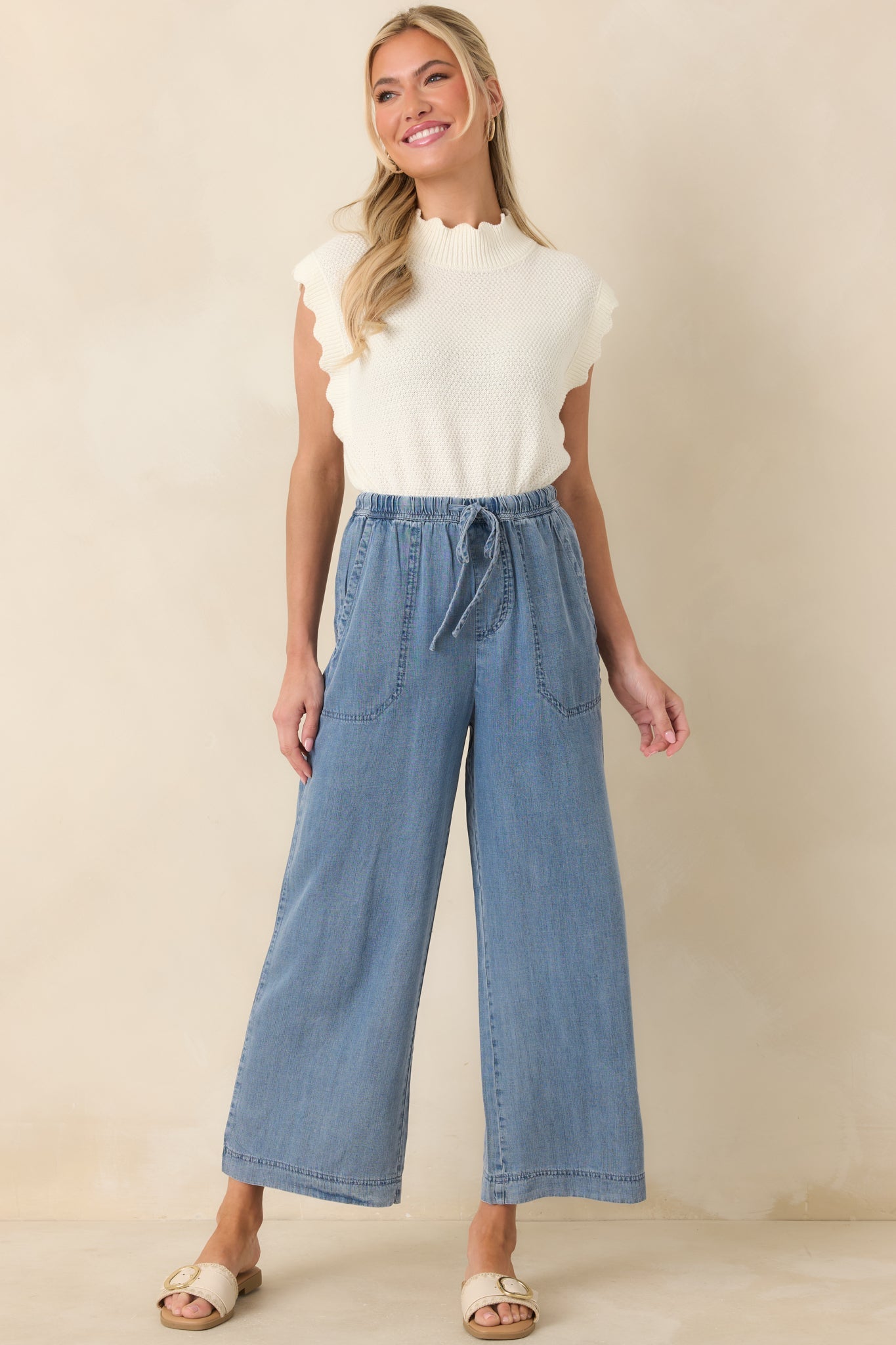 Wherever You're Going Medium Wash Denim Wide Leg Drawstring Pants