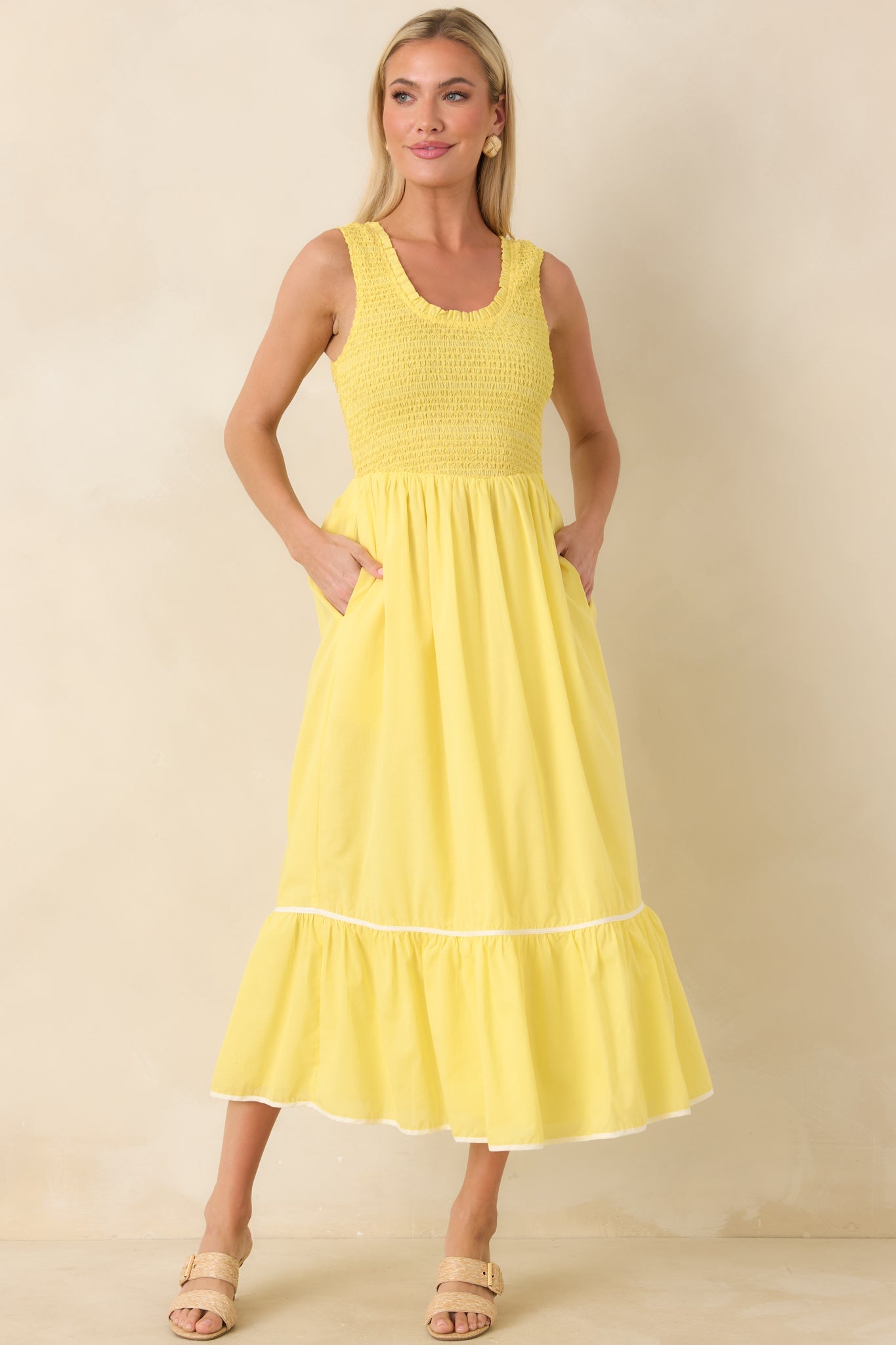Today's the Day Yellow Textured Cotton Tiered Midi Dress