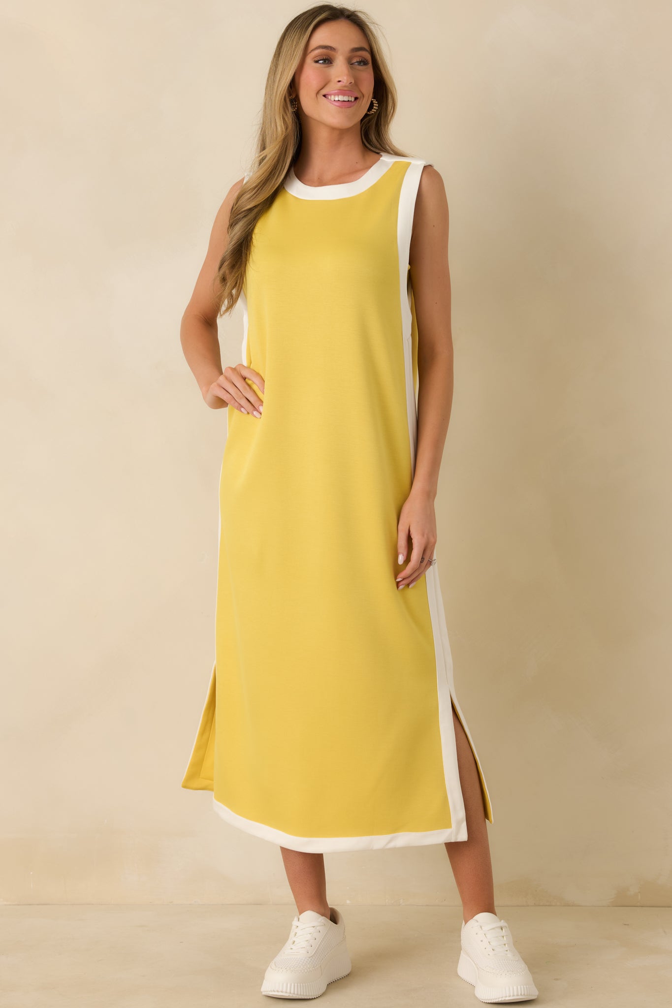 Perfectly Framed Yellow Jersey Knit Contrast Trim Sleeveless Maxi Dress
