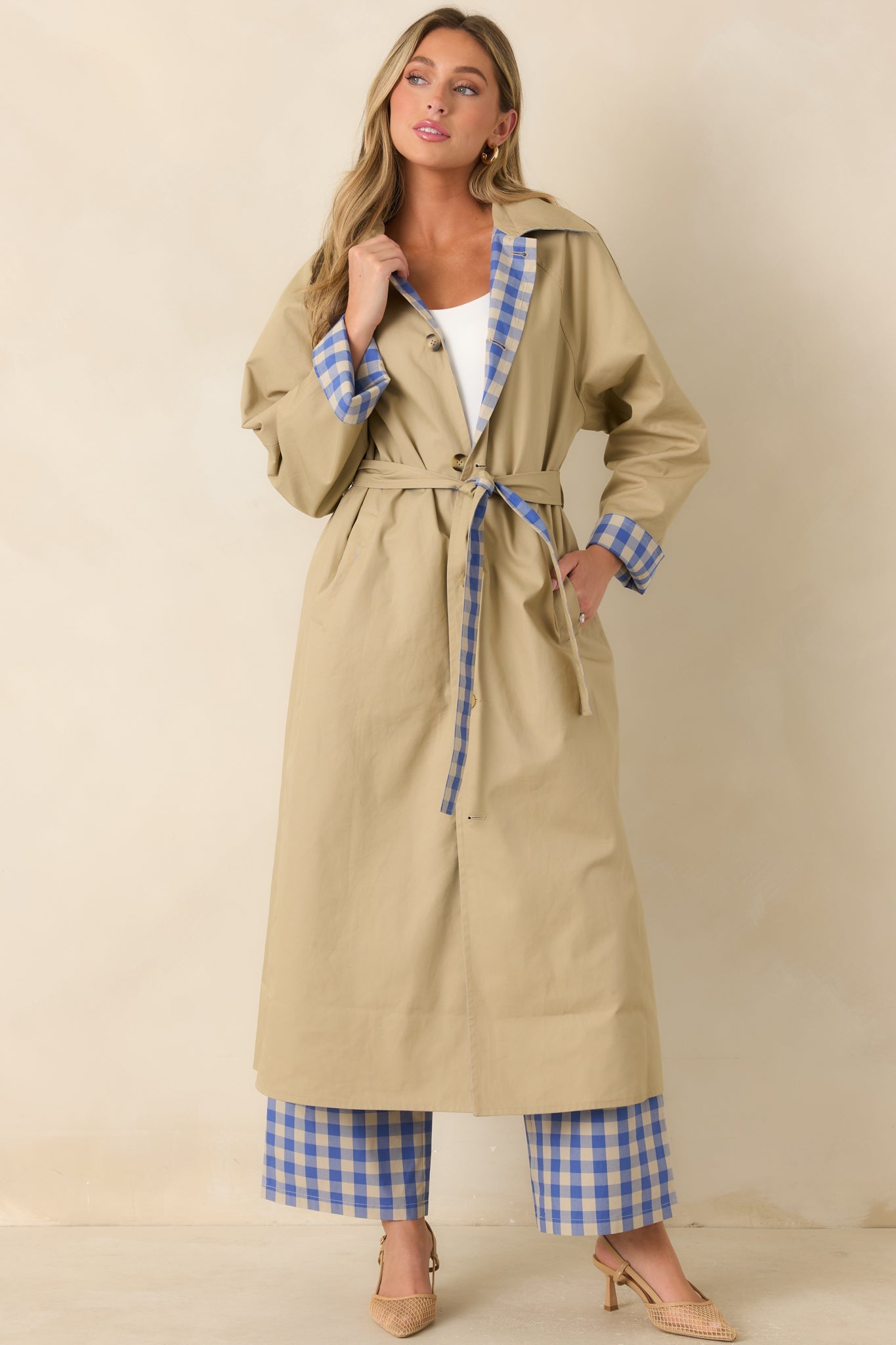 FRNCH Pocahontas Azure Blue Gingham Cotton Reversible Trench Coat
