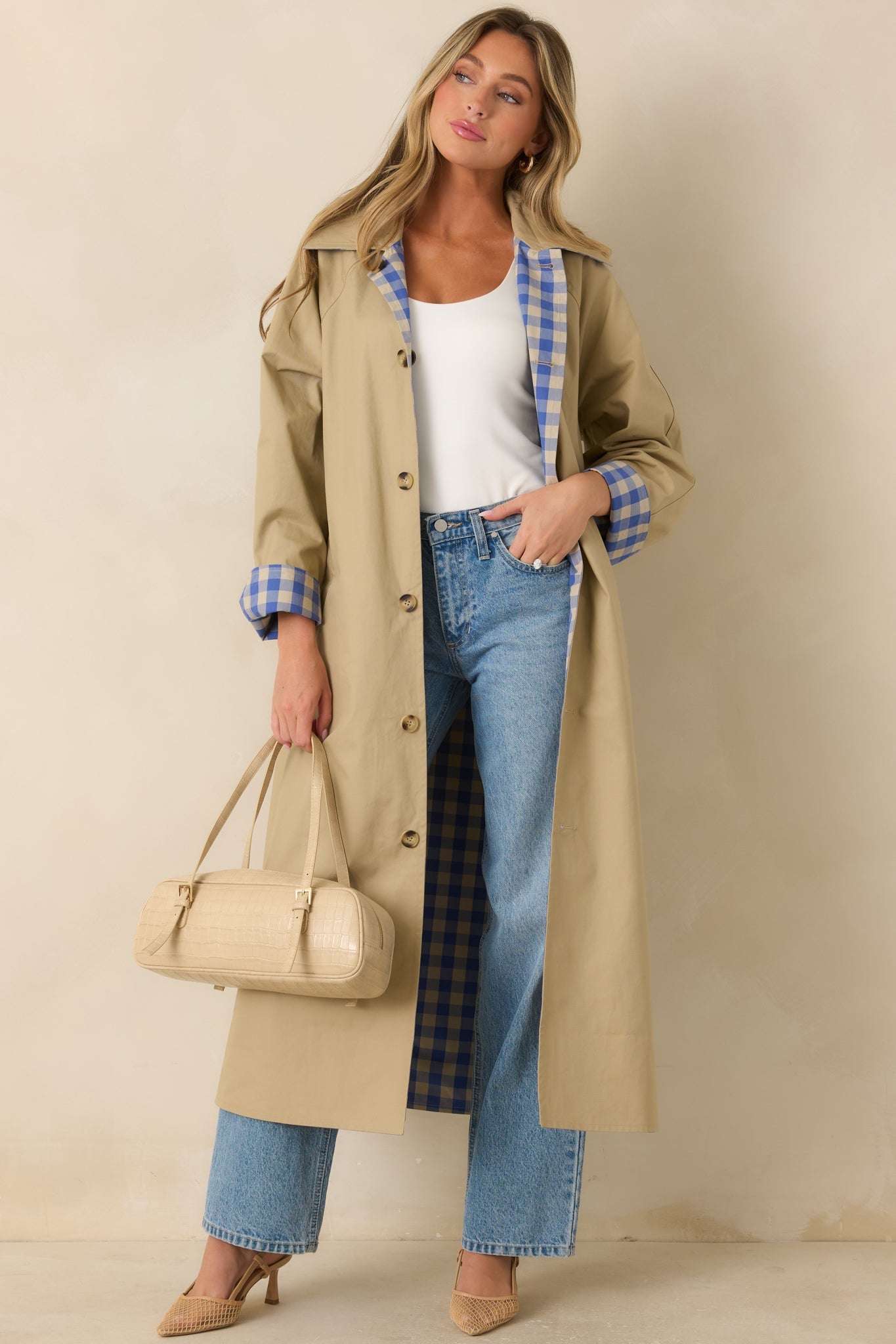 FRNCH Pocahontas Azure Blue Gingham Cotton Reversible Trench Coat