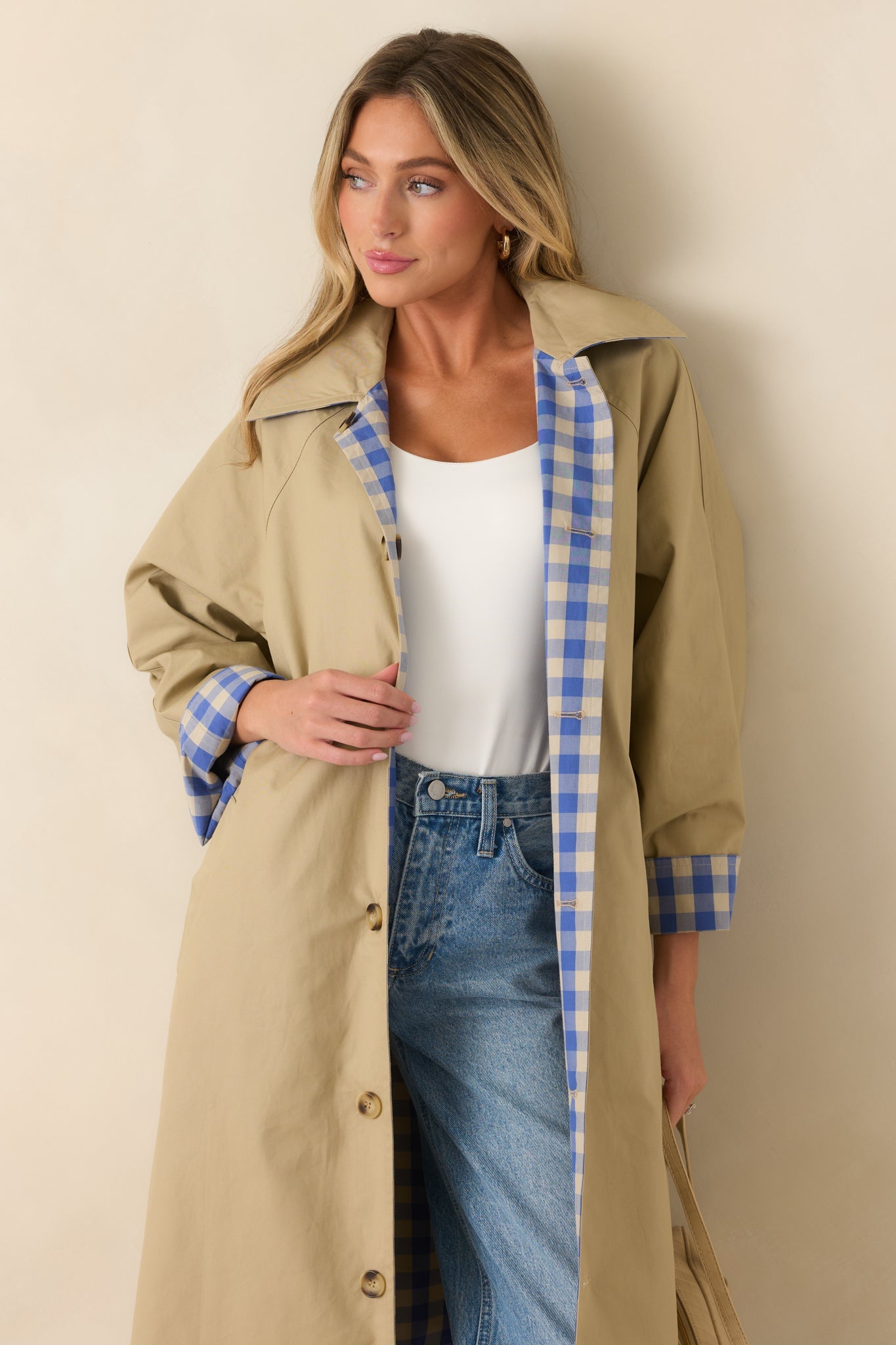 FRNCH Pocahontas Azure Blue Gingham Cotton Reversible Trench Coat