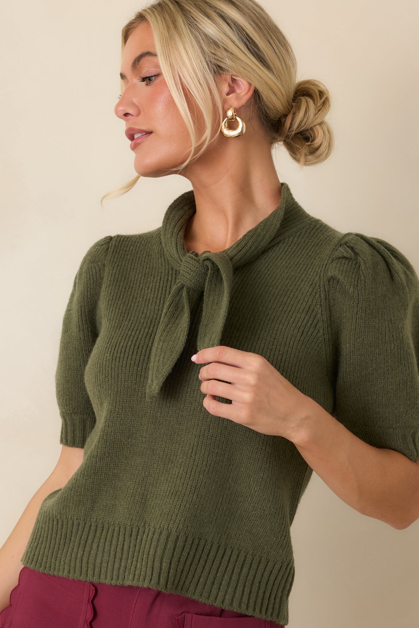 Tied Up Beautifully Olive Knit Tie Neck Top