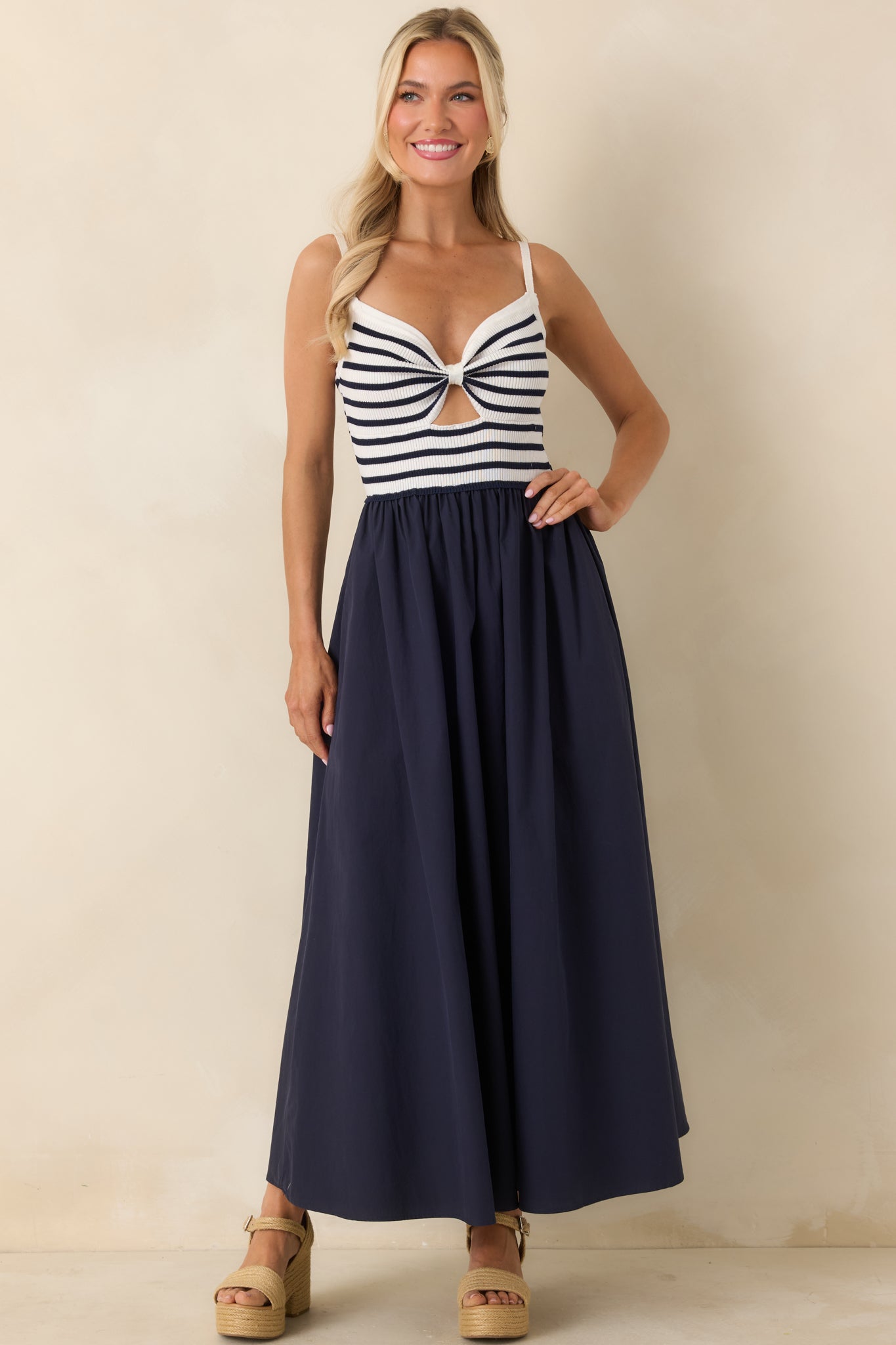 Exactly Like This Navy Stripe Ribbed Knit Cutout Cotton Maxi Dress