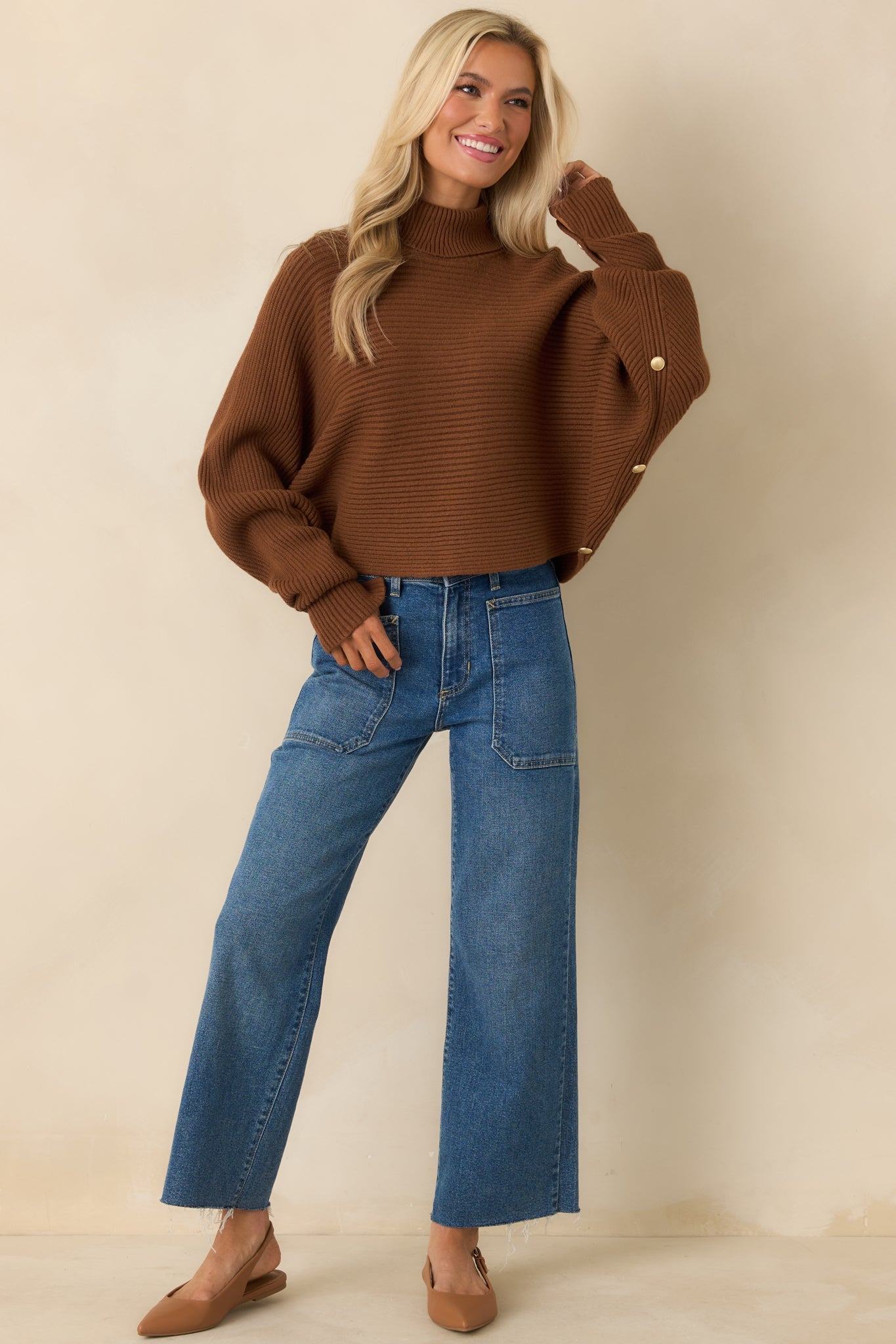 Polished Path Brown Ribbed Batwing Cropped Turtleneck Sweater