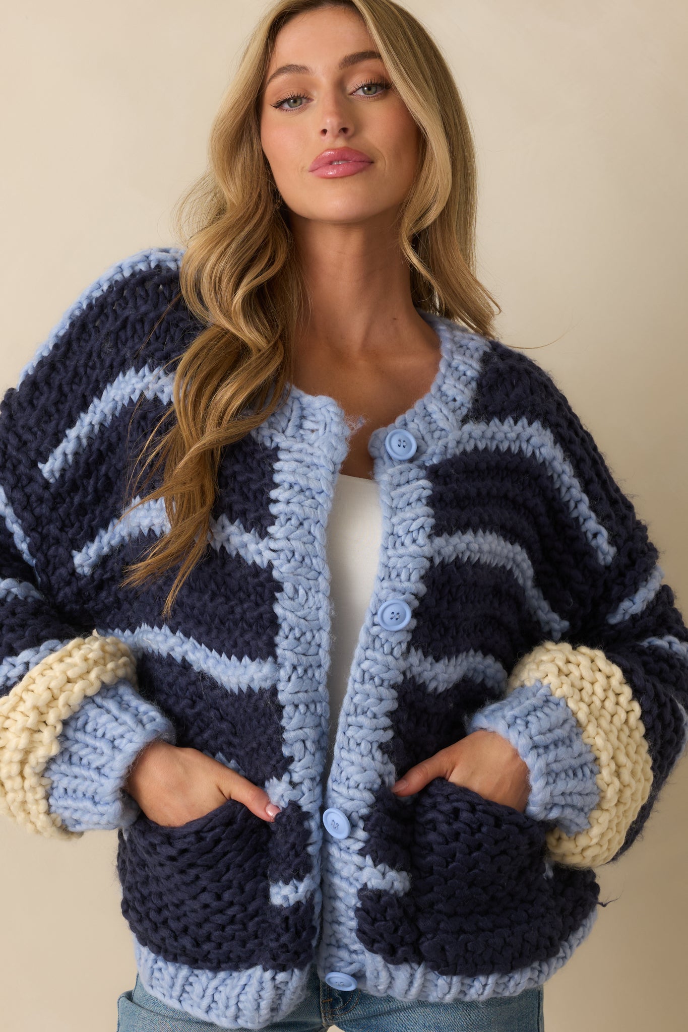 Just So You Know Navy Stripe Chunky Knit Button Front Cardigan