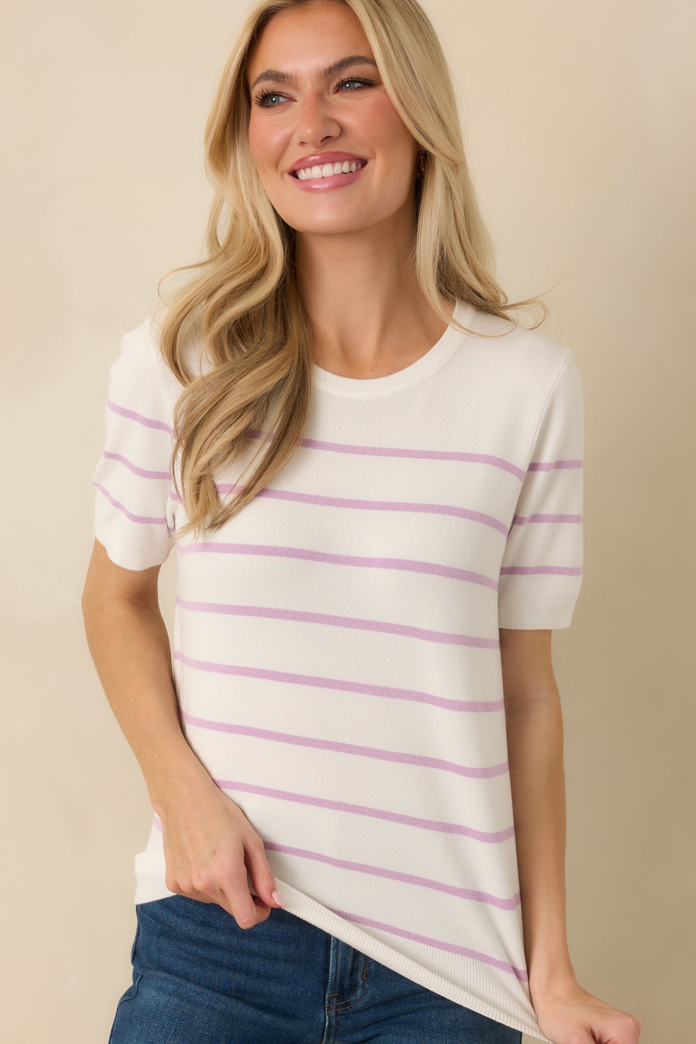 Bound to Happen Lavender Stripe Knit Short Sleeve Sweater