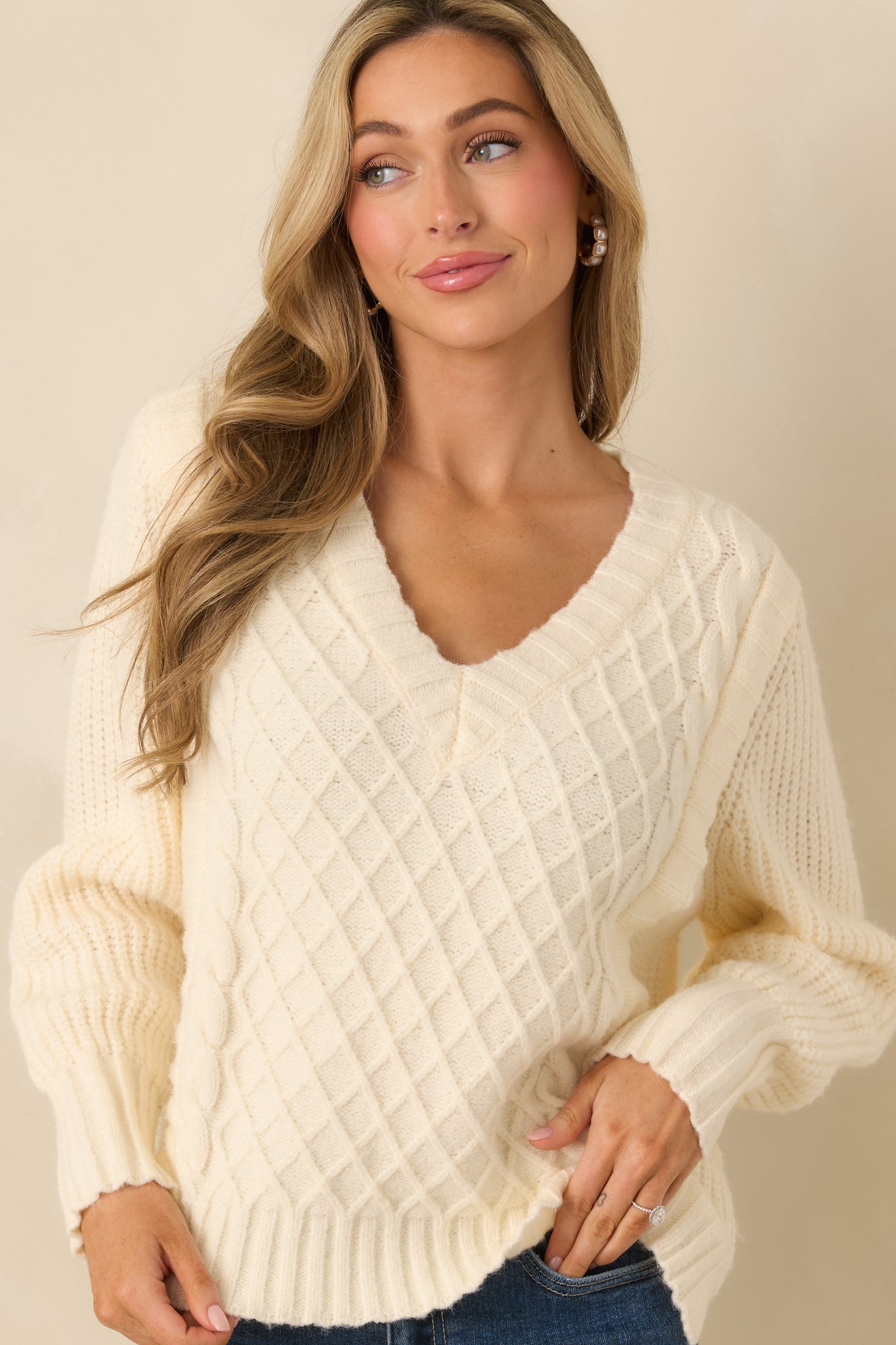 Softly Structured Ivory Knit Textured Panel V-Neck Sweater