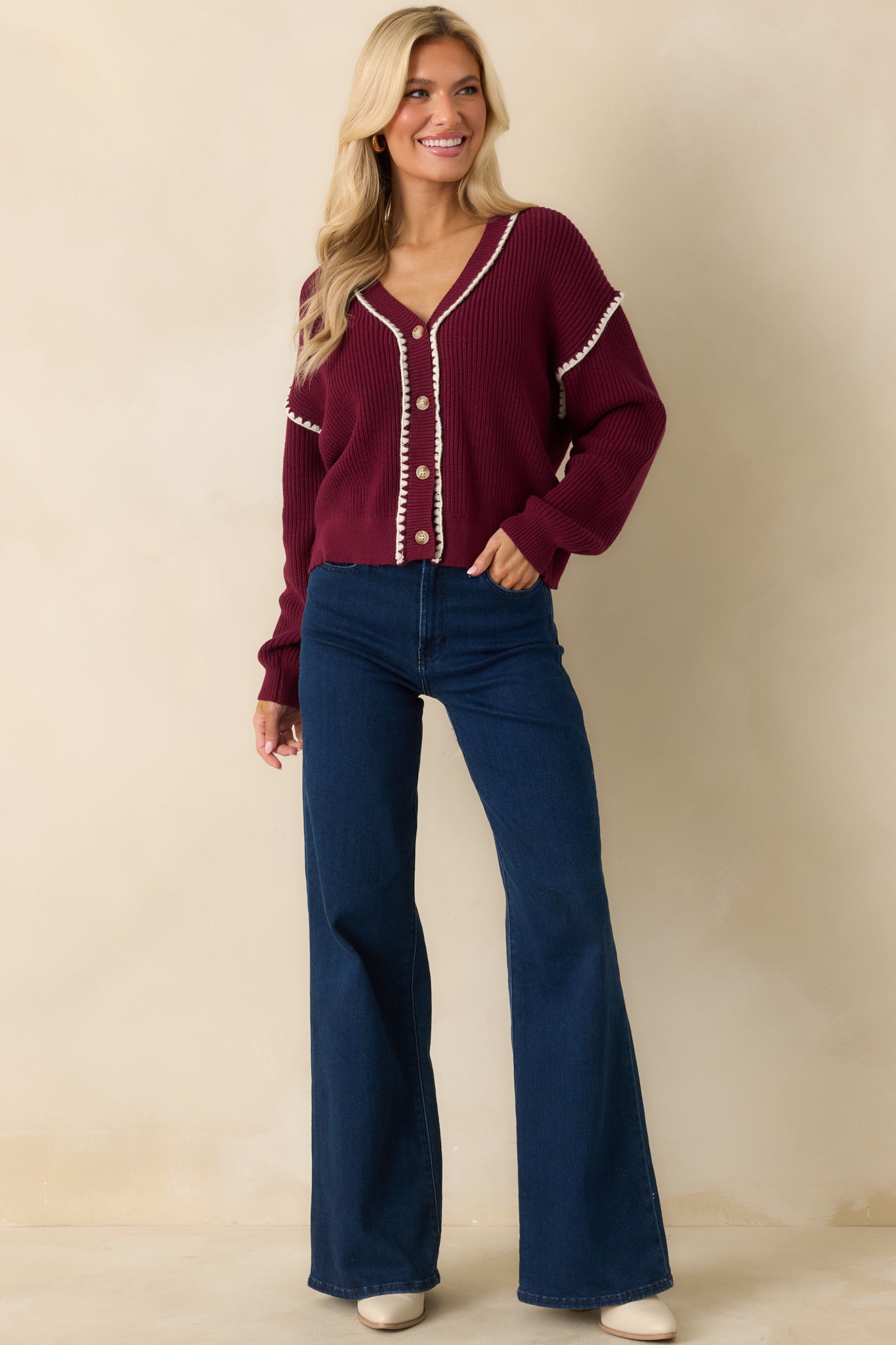 On The Mark Maroon Contrast Trim Knit Button Up Cardigan