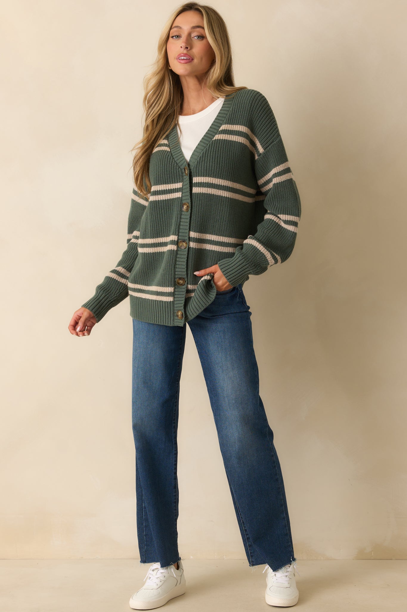 Z Supply Green Cotton Boyfriend Striped Cardigan