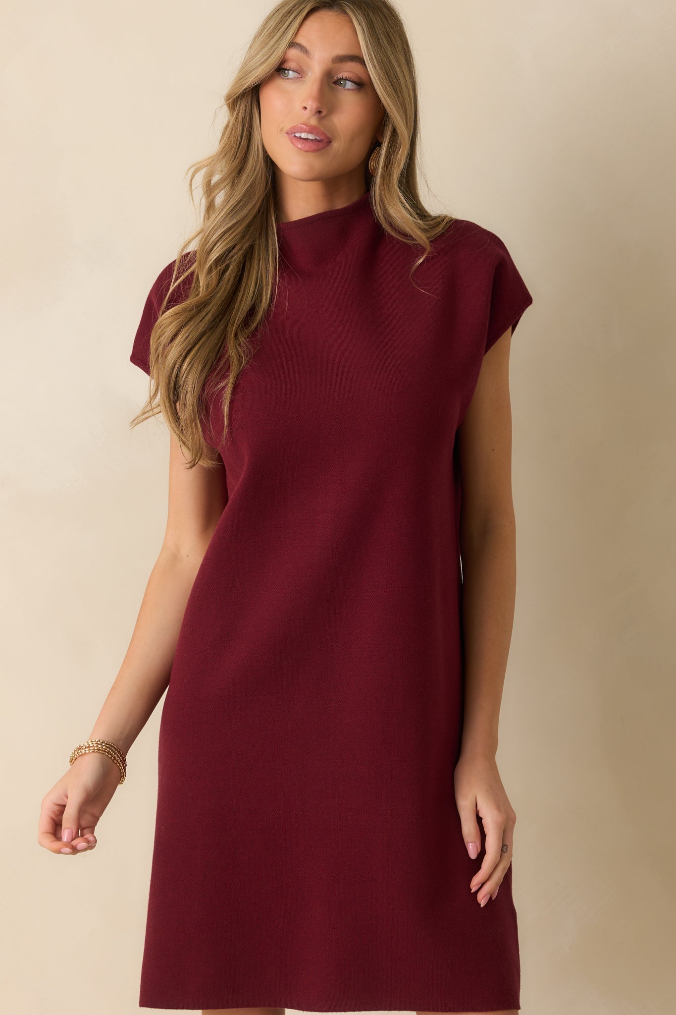 Make No Mistake Burgundy Knit Mock Neck Mini Dress