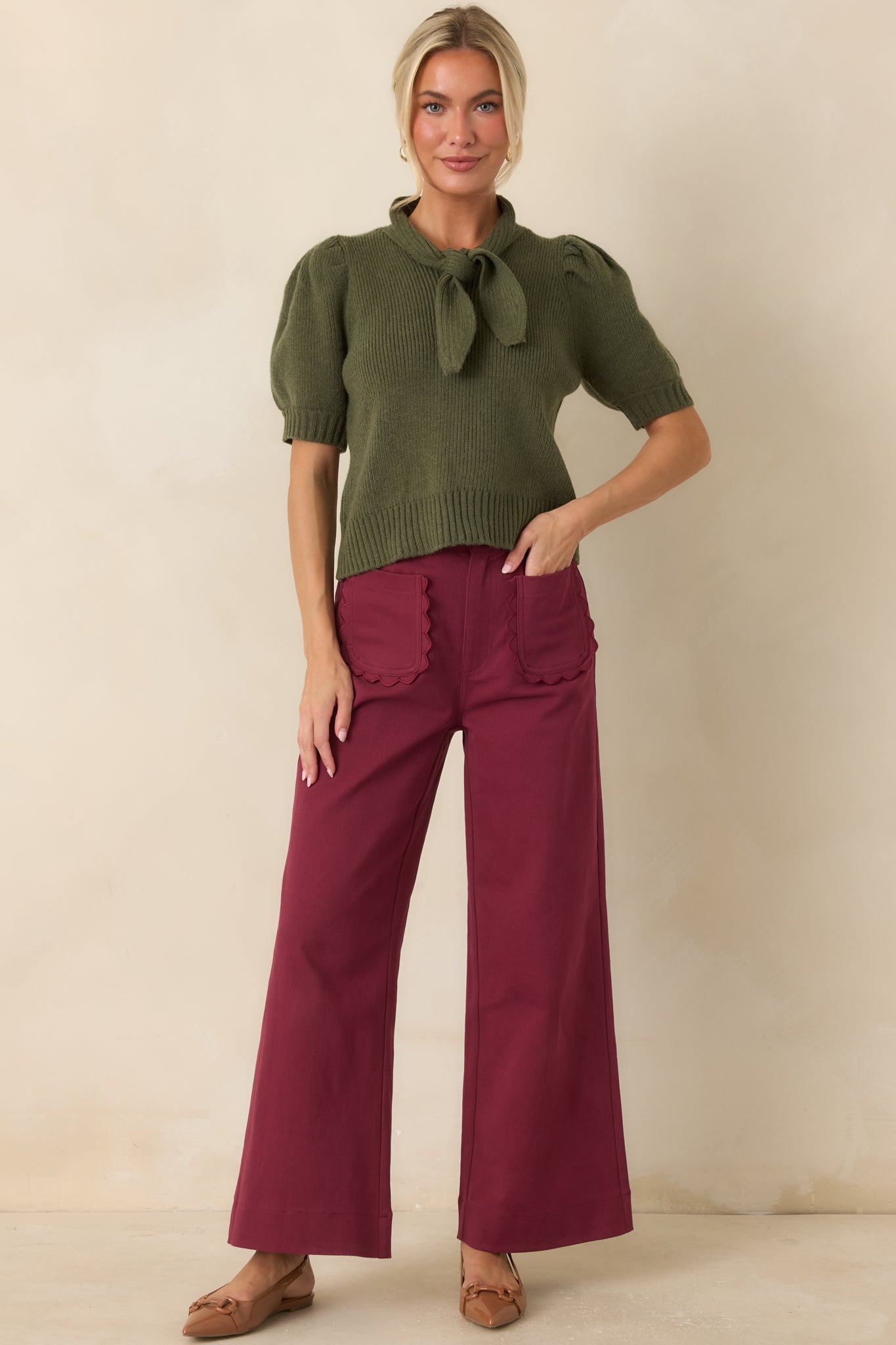 Tied Up Beautifully Olive Knit Tie Neck Top