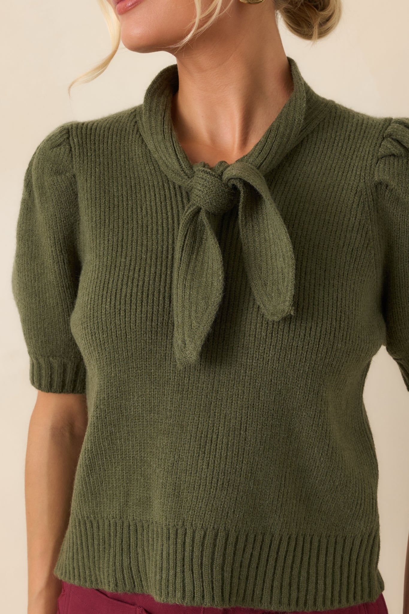 Tied Up Beautifully Olive Knit Tie Neck Top