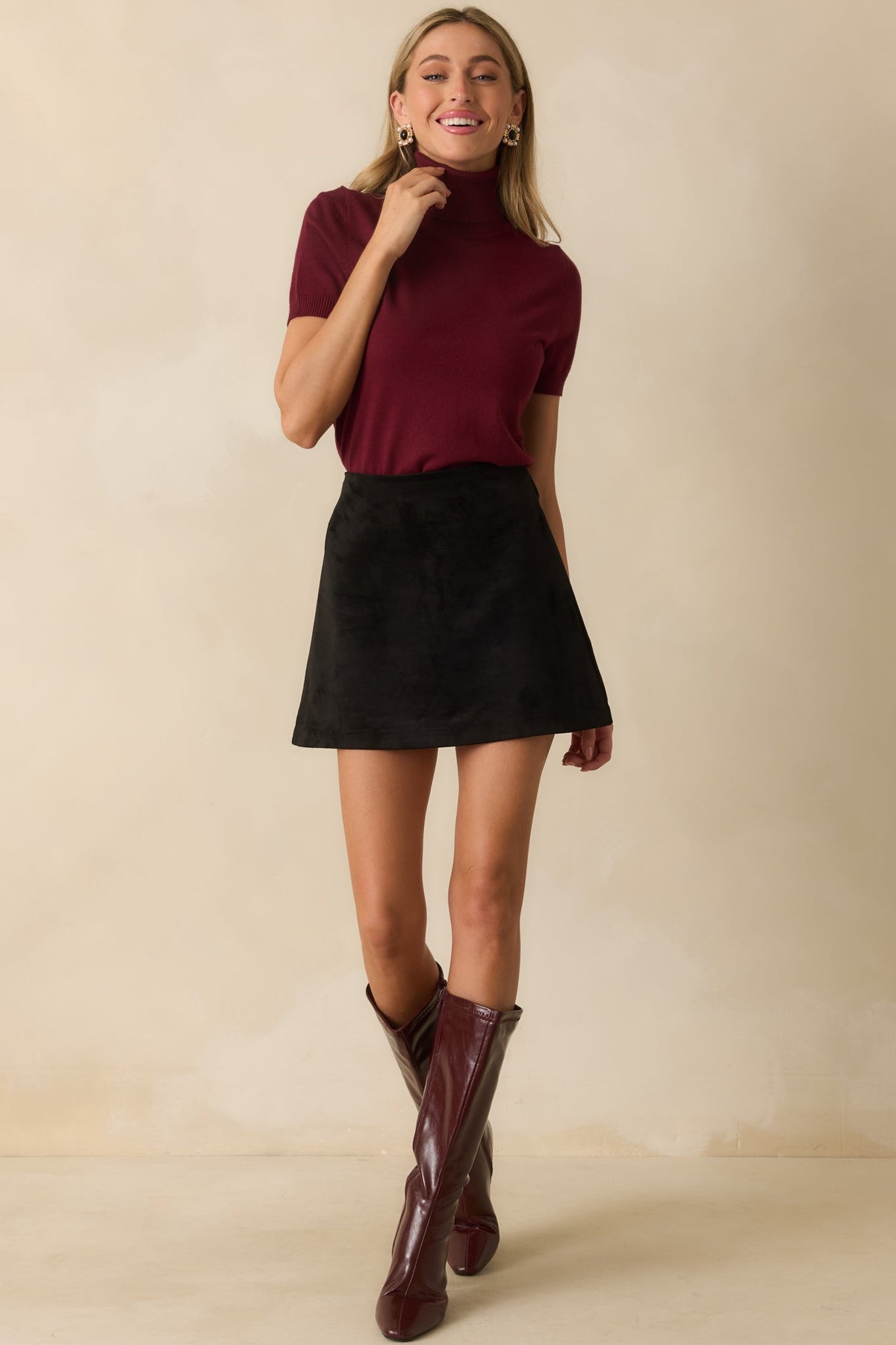 In Just A Minute Wine Ribbed Turtleneck Short Sleeve Sweater