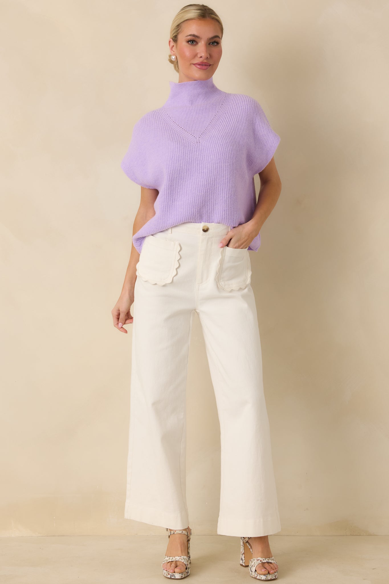 Cool Intentions Lavender Ribbed Knit Mockneck Cap Sleeve Sweater