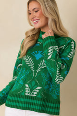 In All Honesty Green Multi Botanical Knit Mock Neck Sweater