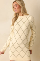 Bright On Arrival Ivory Knit Metallic Argyle Sweater Dress