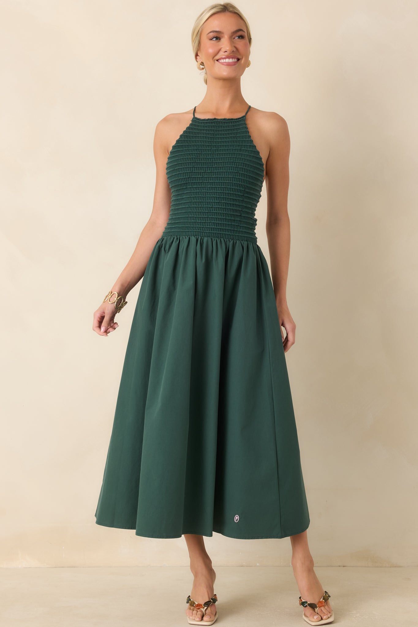 FRNCH Lucia Green Cotton Strappy Knit Bodice Midi Dress
