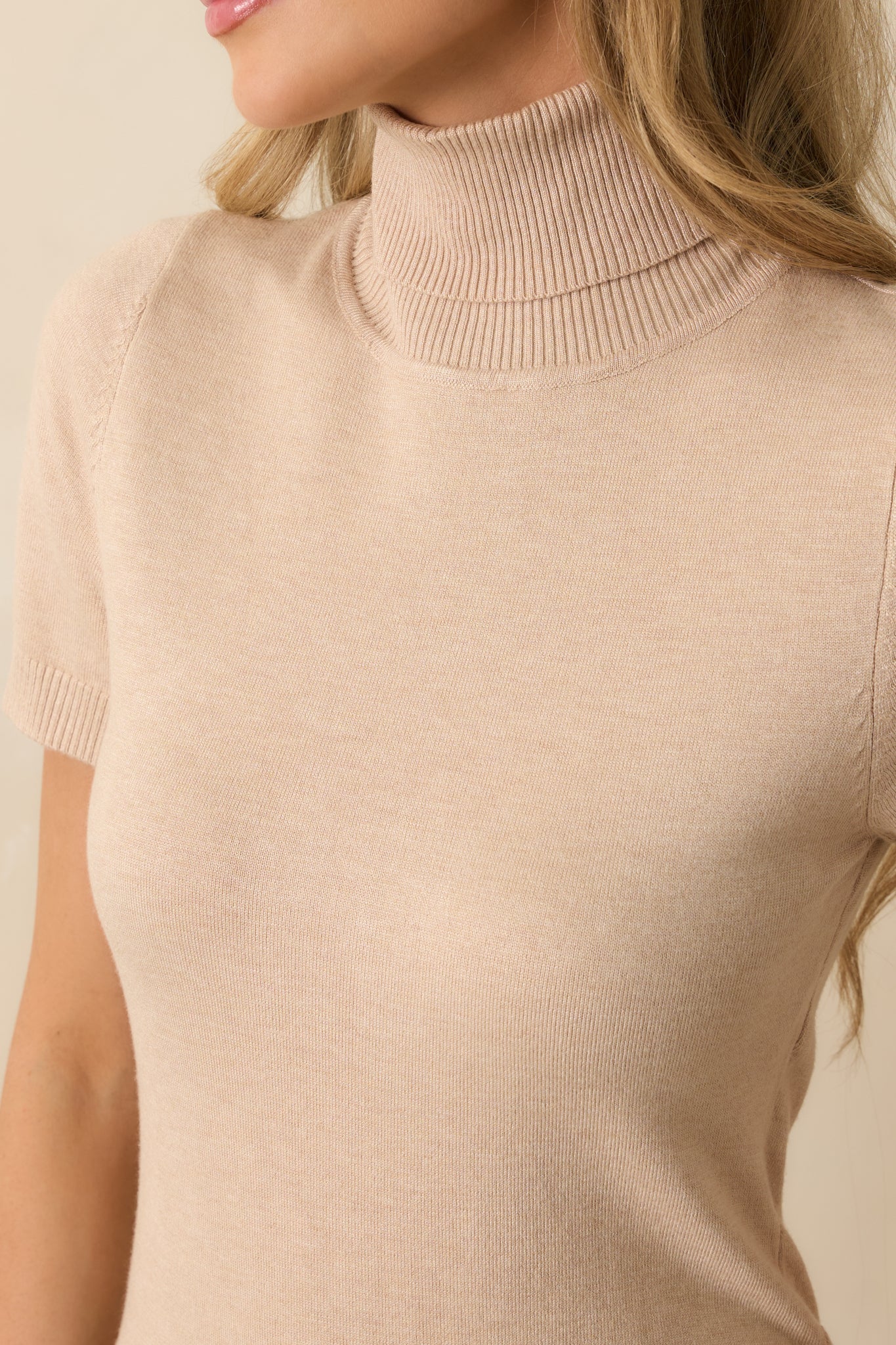 In Just A Minute Beige Ribbed Turtleneck Short Sleeve Sweater