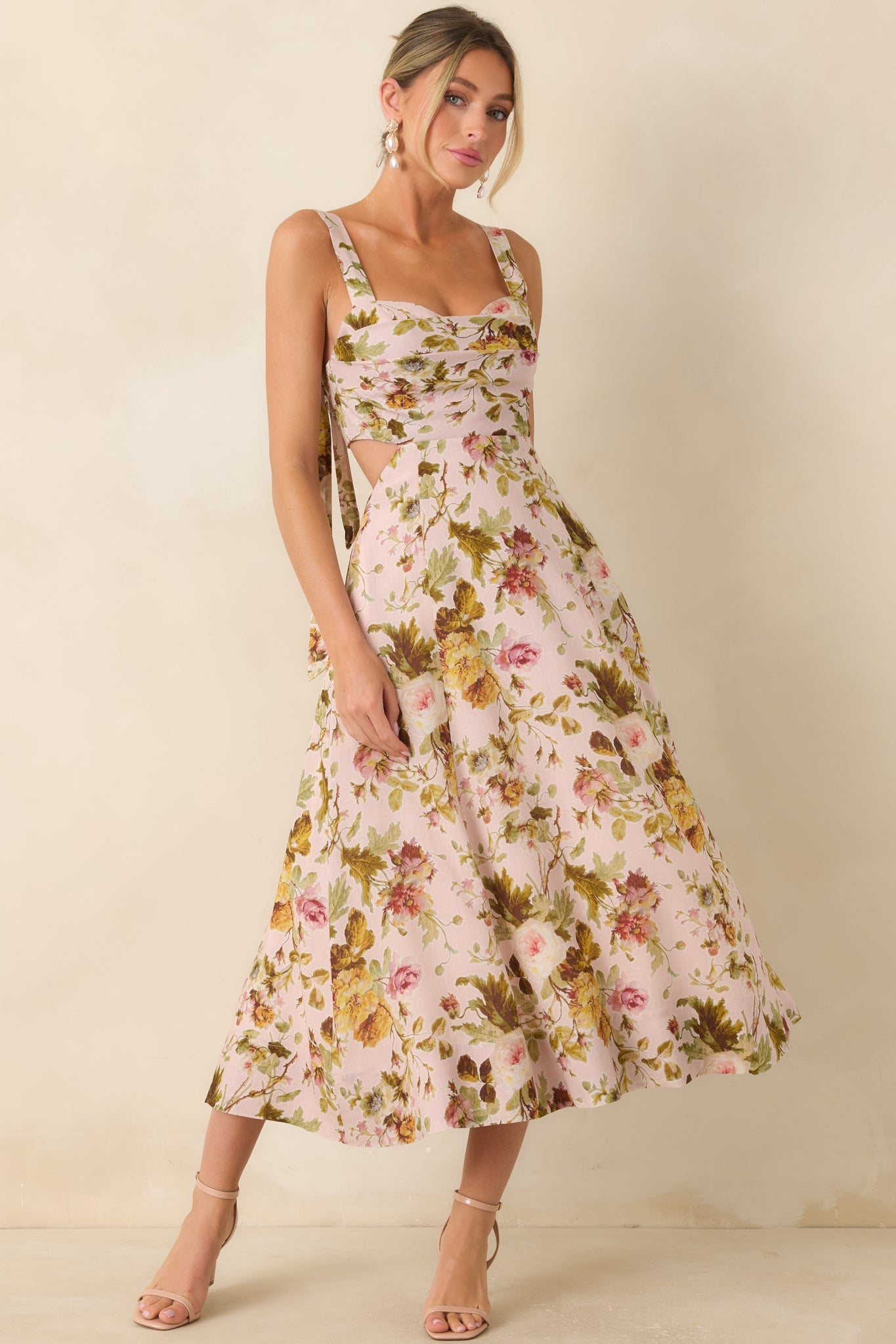 ASTR The Label Ciana Pink & Green Floral Linen Midi Dress