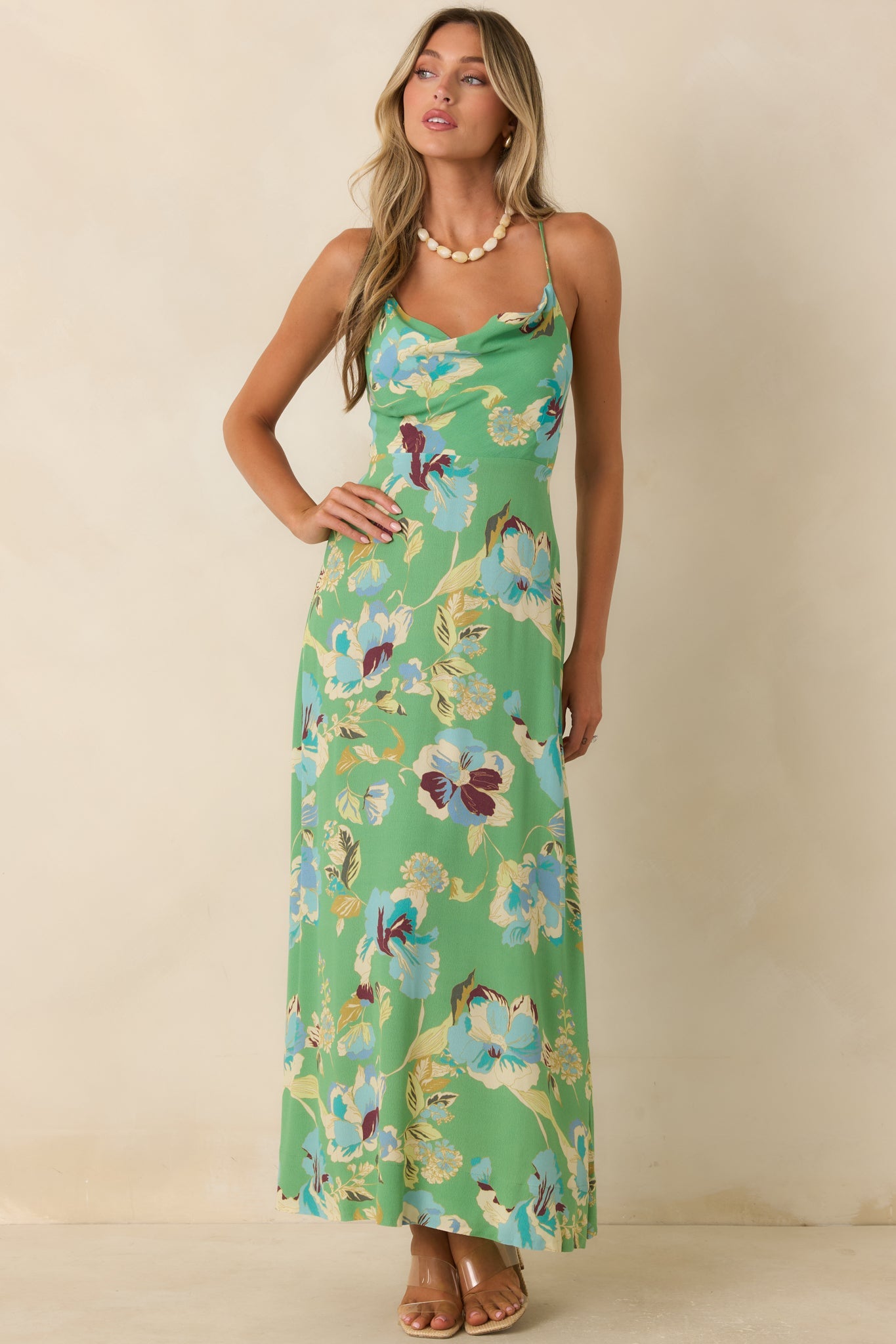 MINKPINK Cyprus Green Floral Back Detail Maxi Dress